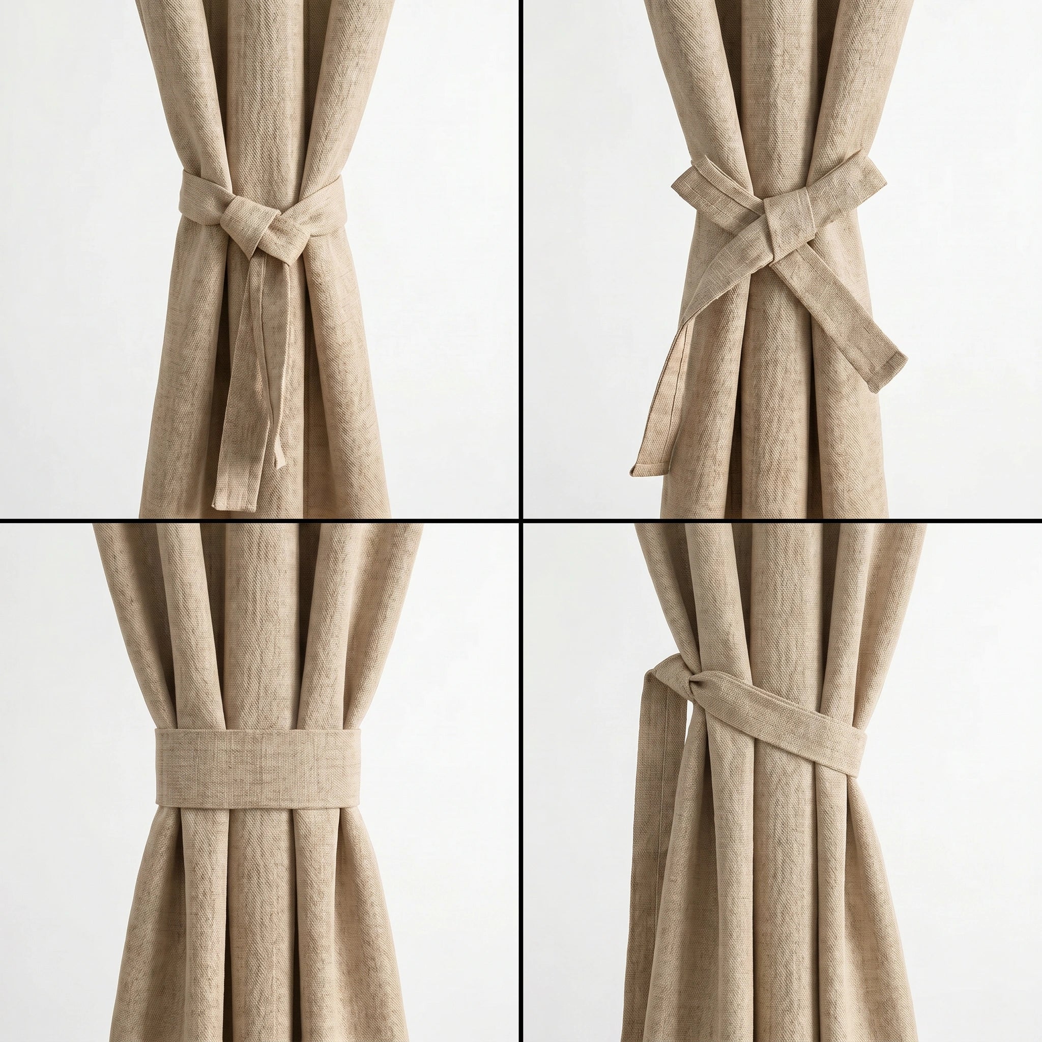 Curtain tie backs for custom window curtains, showing multiple styling options in beige textured fabric for elegant decorative window curtains.