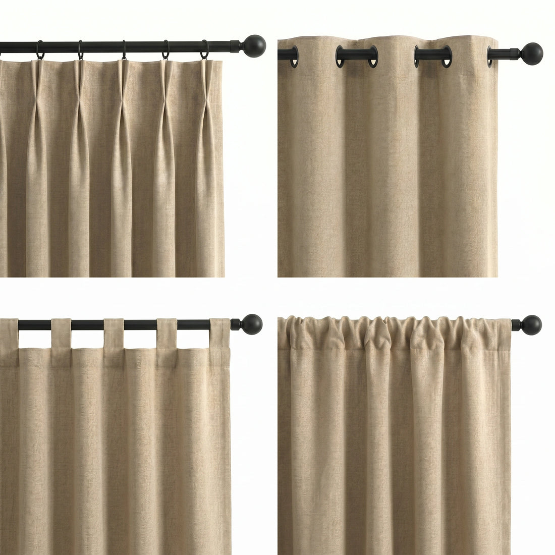 Curtain heading styles showing pinch pleat, grommet top, back tab, and rod pocket options for custom window curtains.
