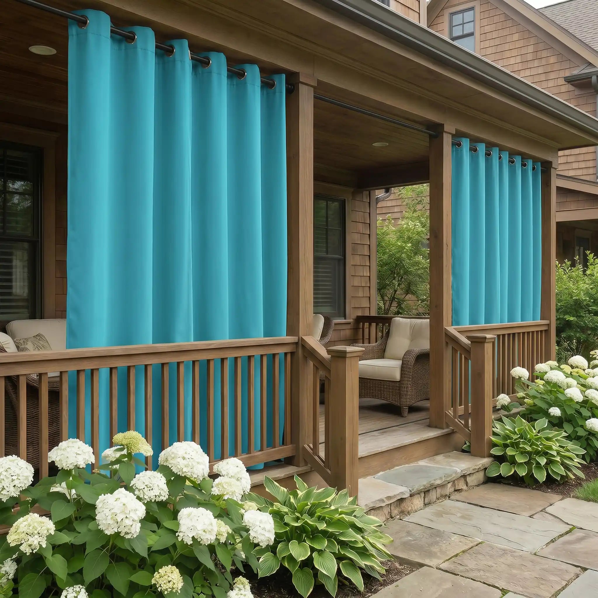 DWCN Official grommet top outdoor curtain with ropes, windproof and waterproof fabric, ideal for patio or garden windows.