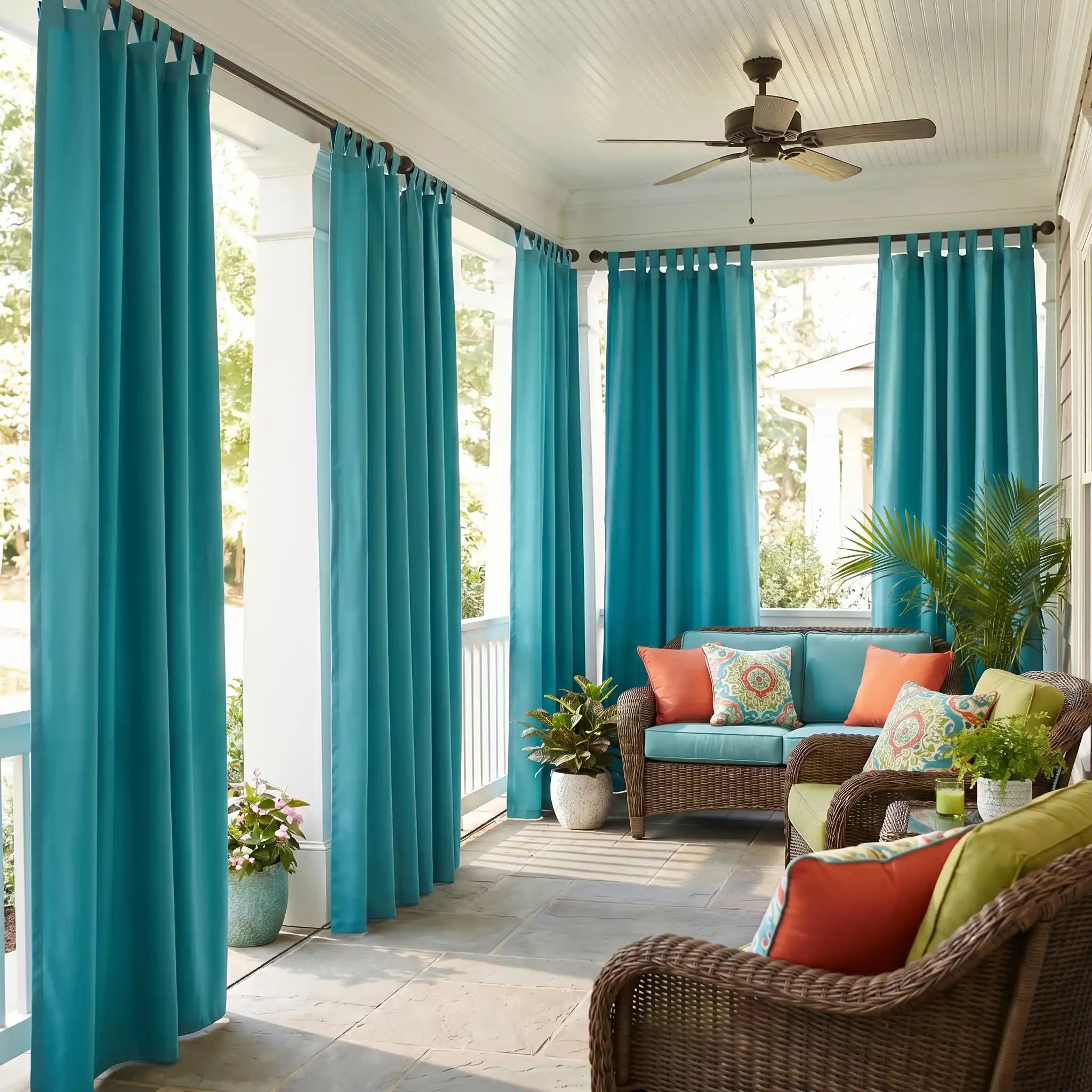 DWCN official outdoor curtain with tab top and rope bottom, windproof and waterproof for weather-resistant outdoor protection.