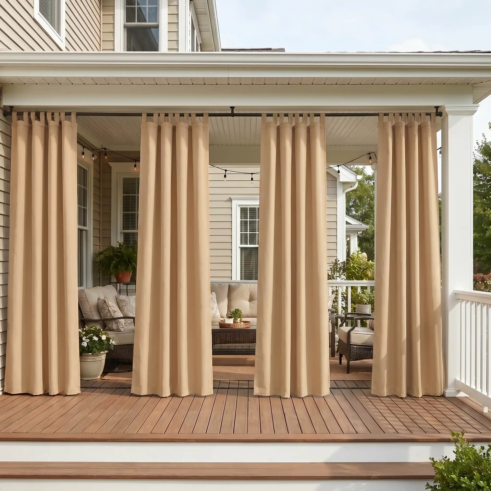 DWCN official outdoor curtain with tab top and rope ties, windproof and waterproof fabric for outdoor weather protection