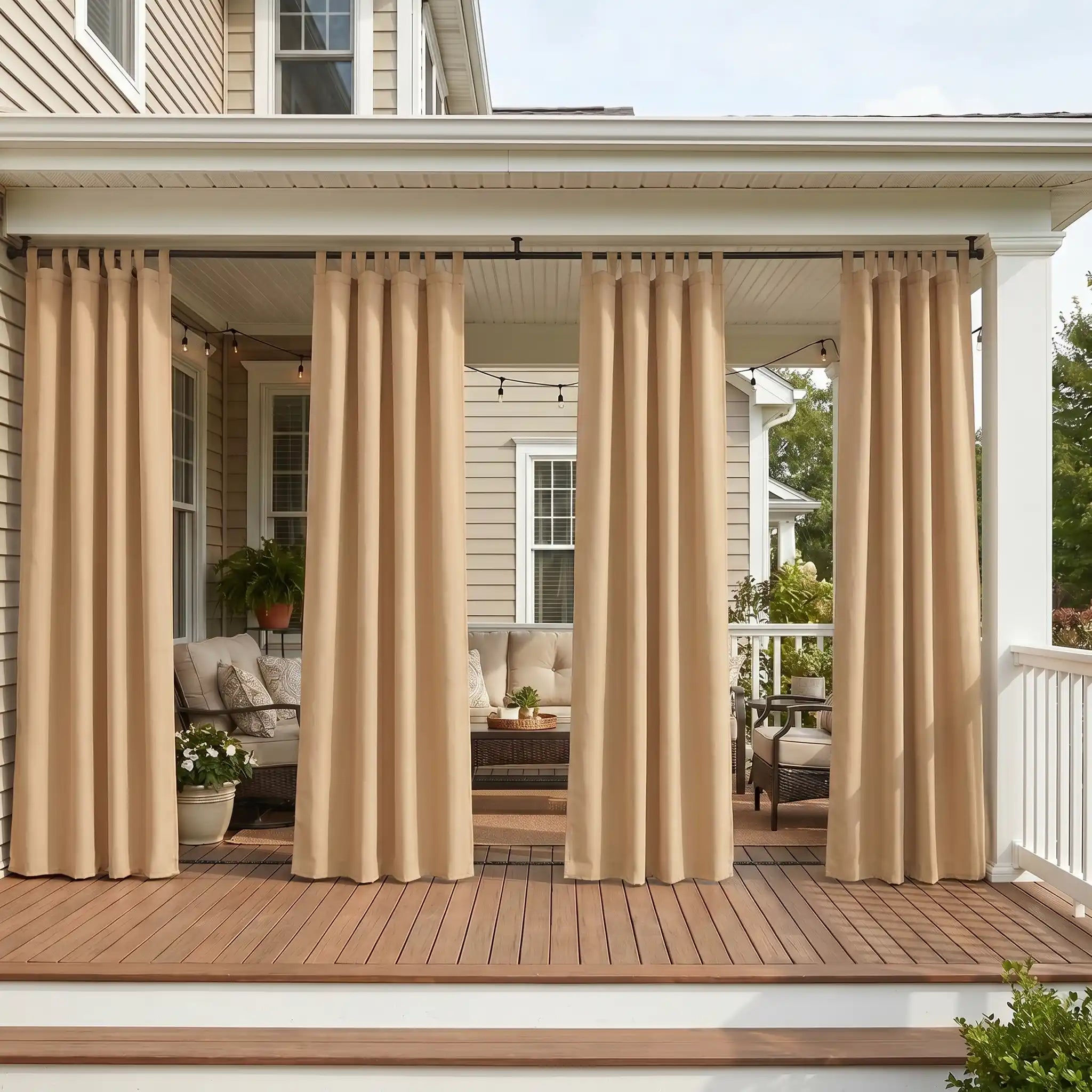 DWCN official outdoor curtain with tab top and rope ties, windproof and waterproof fabric for outdoor weather protection