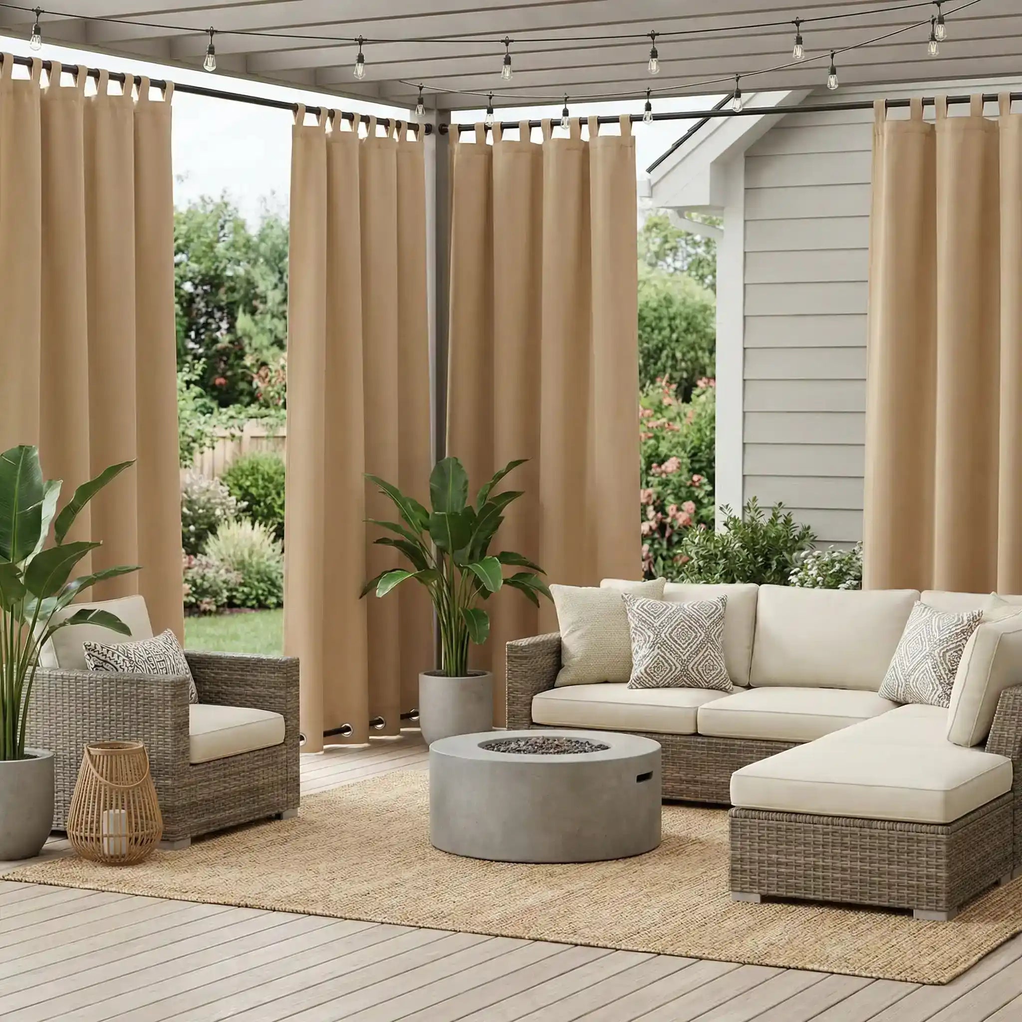DWCN official outdoor curtains with tab top and grommet bottom, windproof and waterproof for outdoor patio or balcony use.