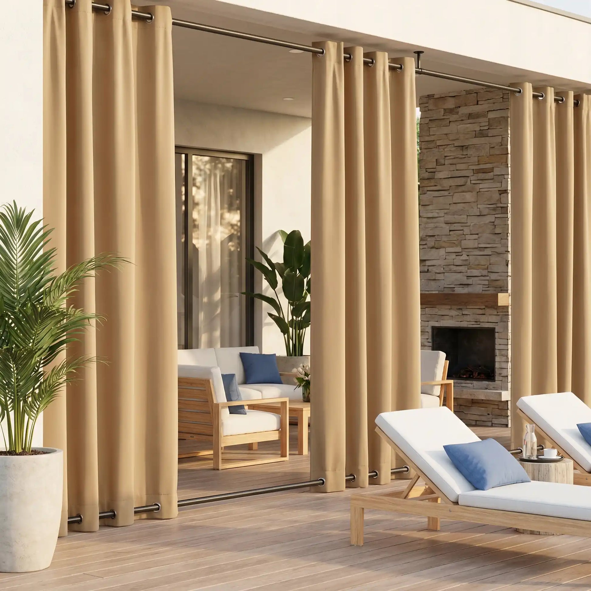 Outdoor curtains with grommet top and bottom, waterproof and windproof, by DWCN Official, shown hanging outdoors.
