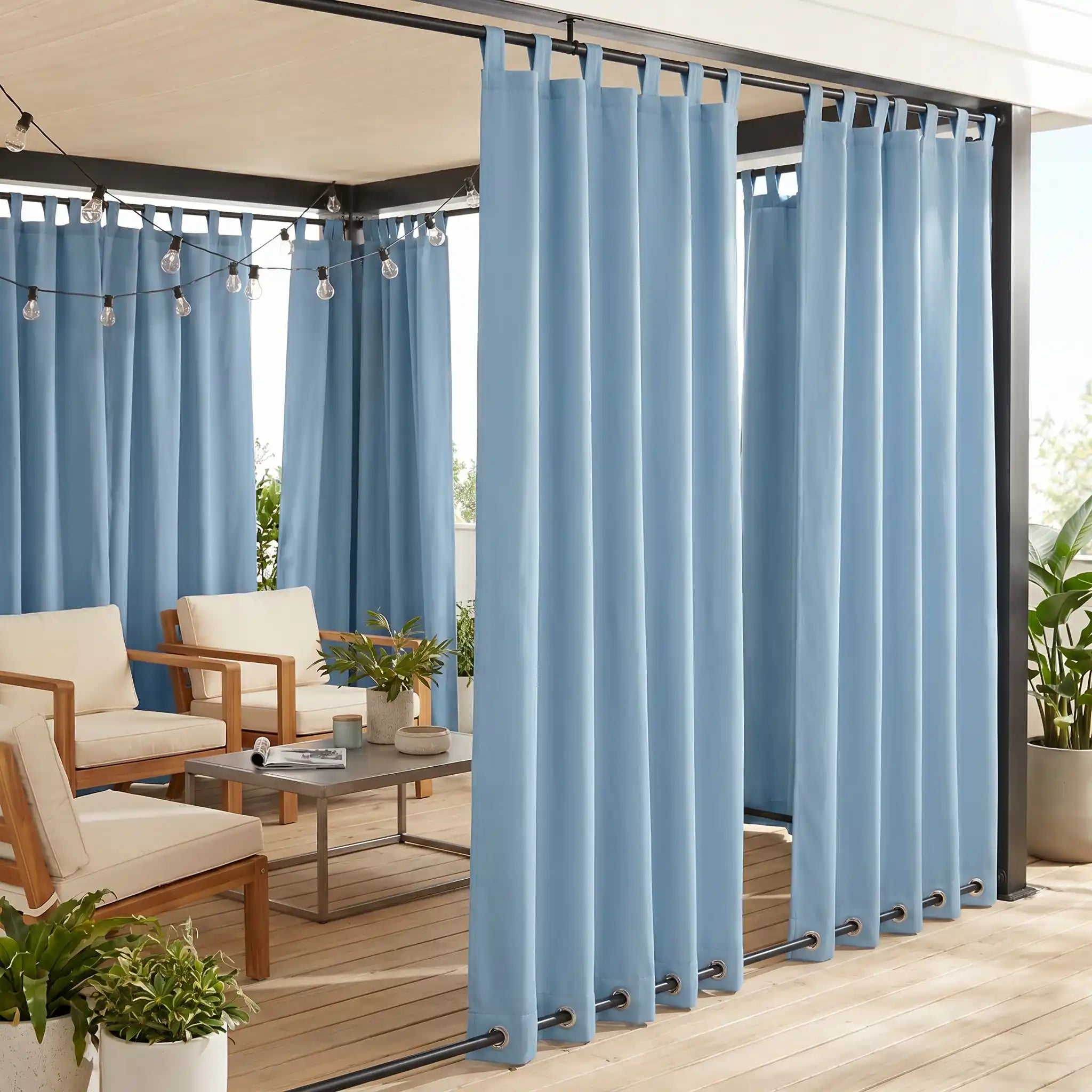 DWCN Official outdoor curtains with tab top and grommet bottom, windproof and waterproof for outdoor patio or garden use.