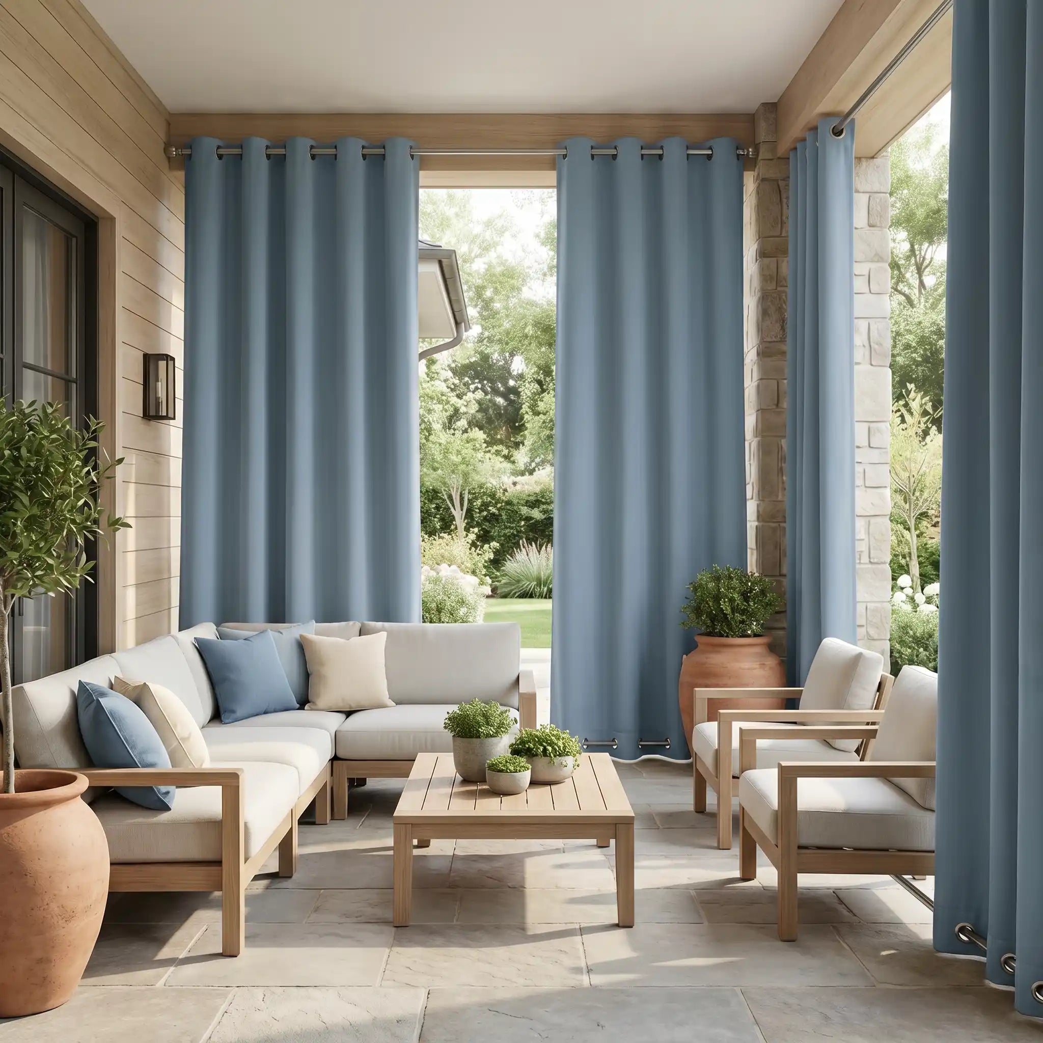 DWCN Official grommet top outdoor curtains, windproof and waterproof, shown hanging outdoors with fabric texture visible.