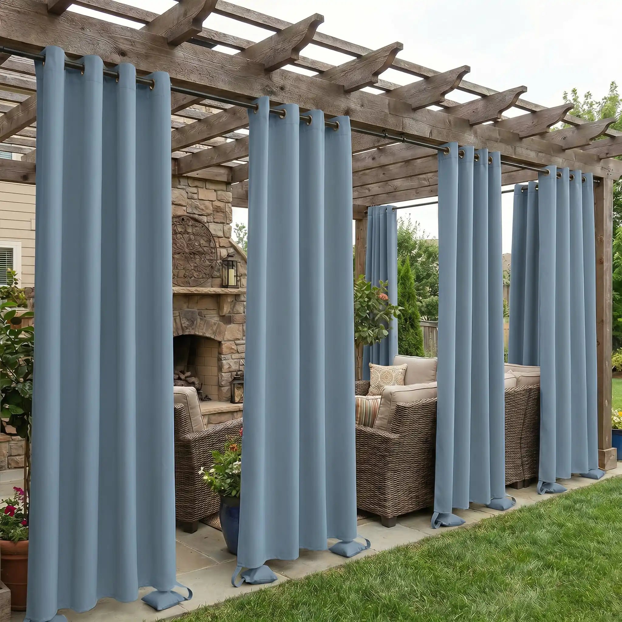 Waterproof outdoor curtain with grommet top and weighted bottom by DWCN Official, windproof and water-resistant for outdoor use.