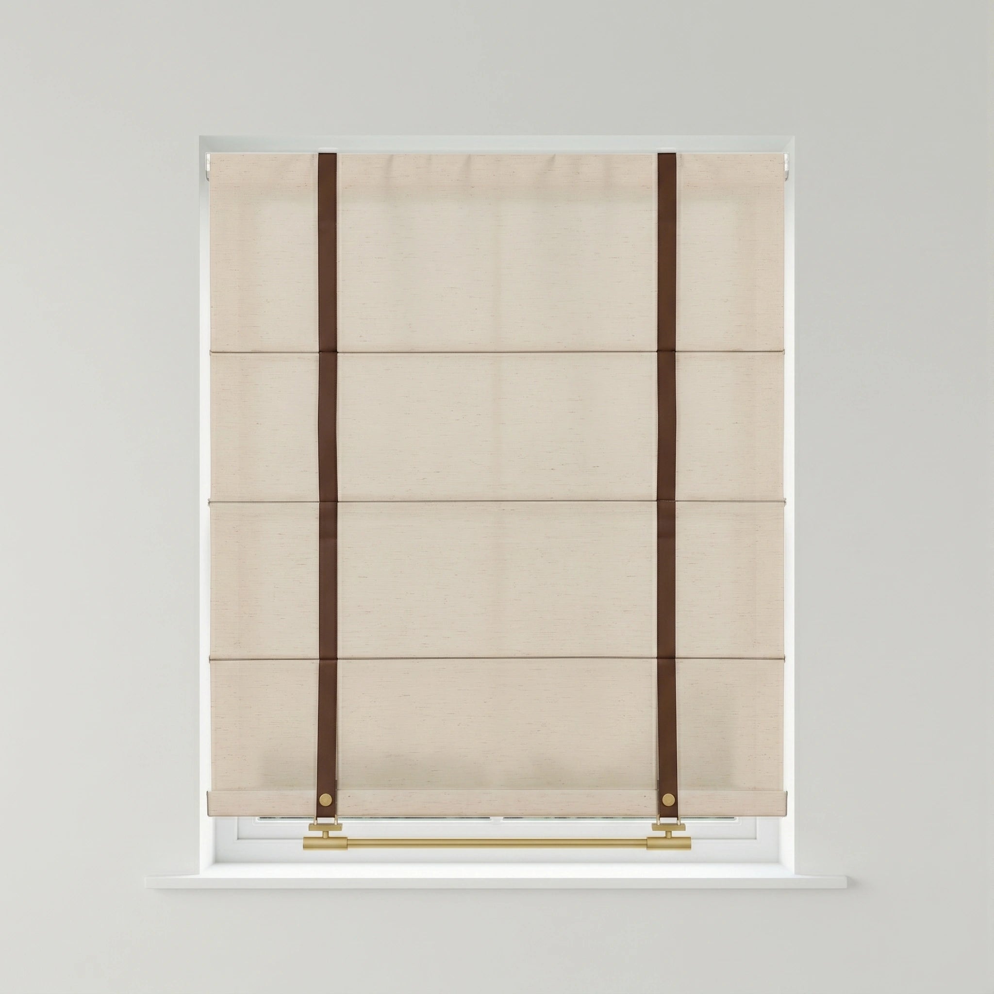 Seraphina custom linen Roman shades by DWCN Official, showcasing elegant fabric folds and neutral color for window decor.