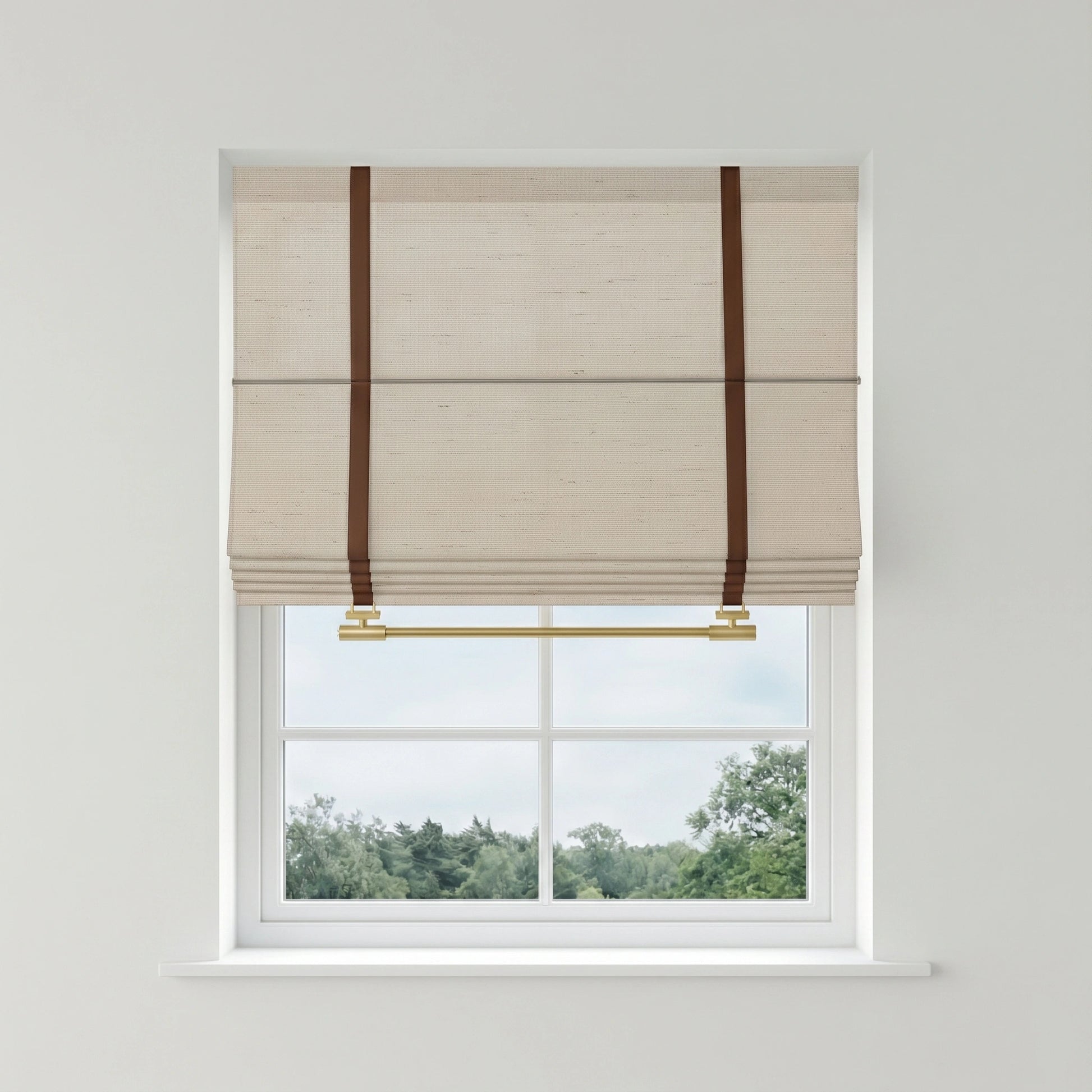 Seraphina custom linen Roman shades by DWCN Official, showcasing beige fabric and elegant fold design for window decor.