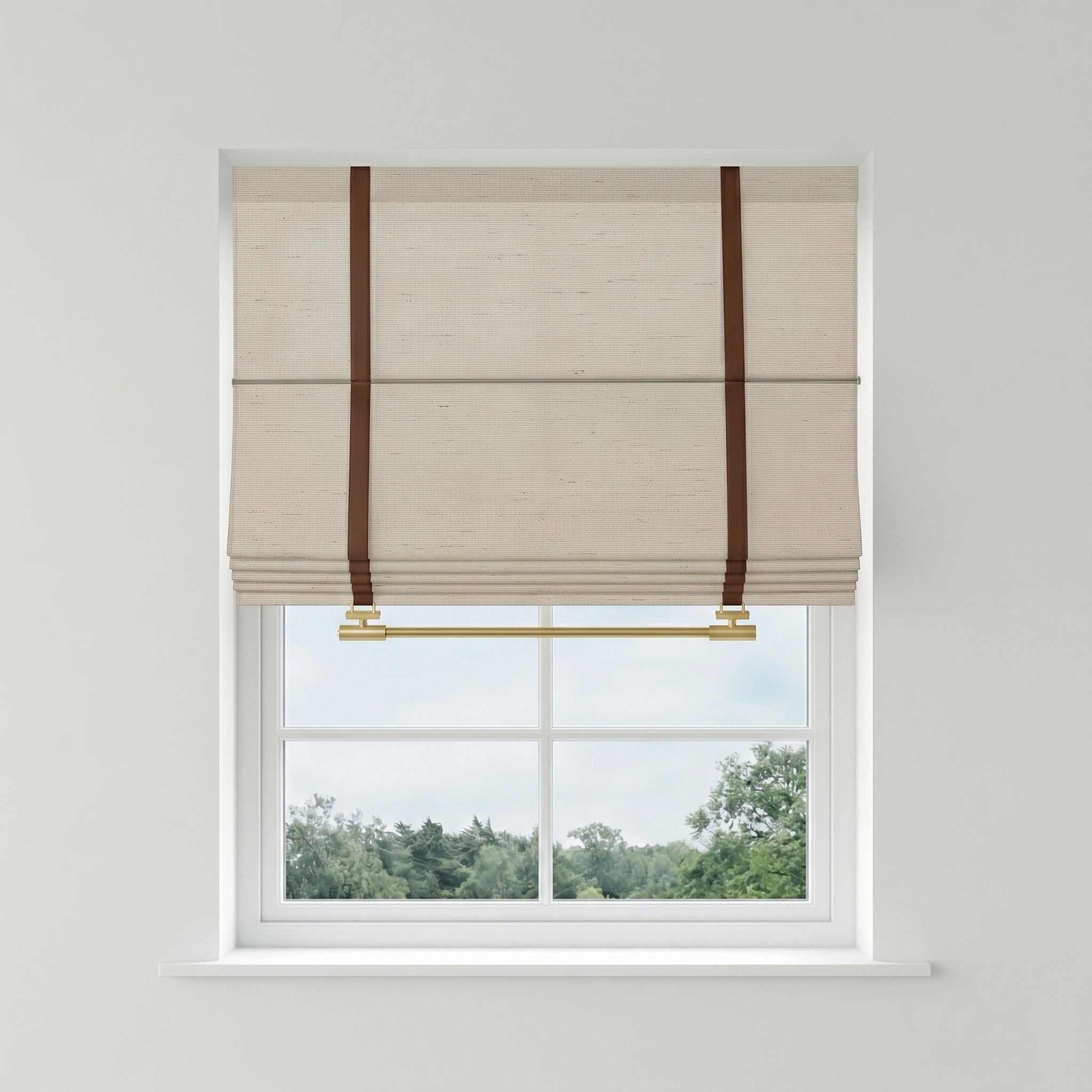 Seraphina custom linen Roman shades by DWCN Official, showcasing beige fabric and elegant fold design for window decor.