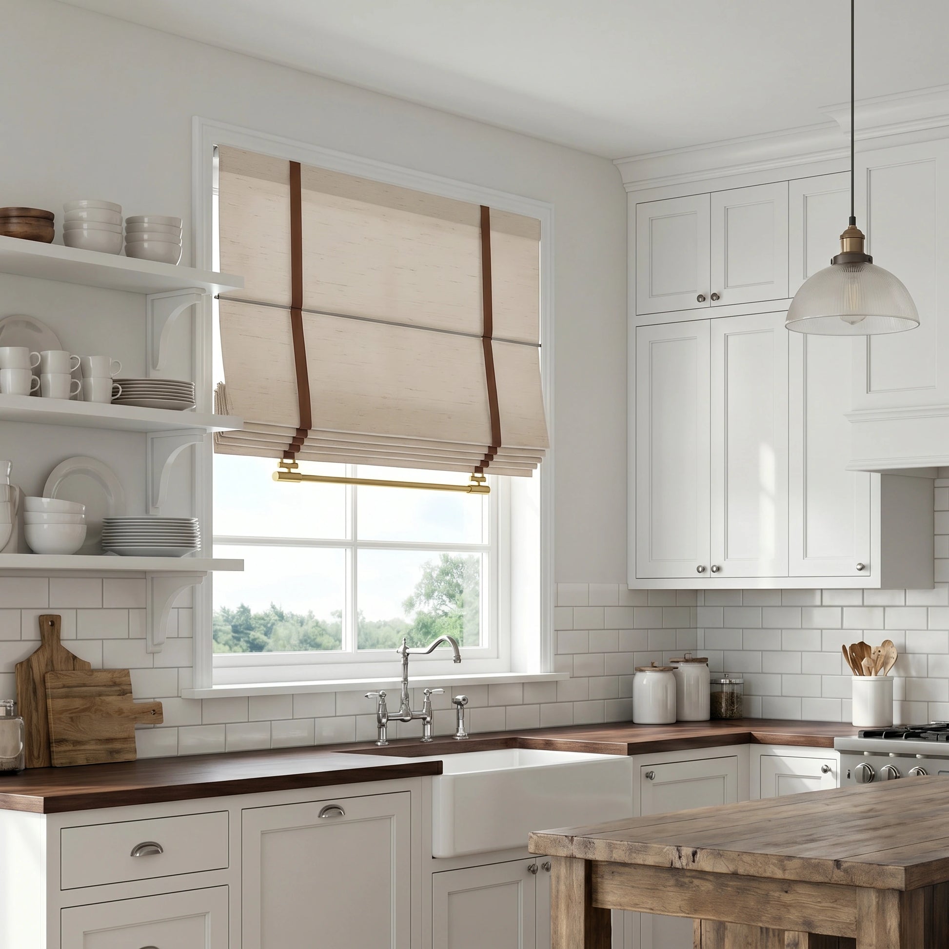 Seraphina custom linen Roman shades by DWCN Official featuring elegant, neutral fabric and classic fold design for window decor.