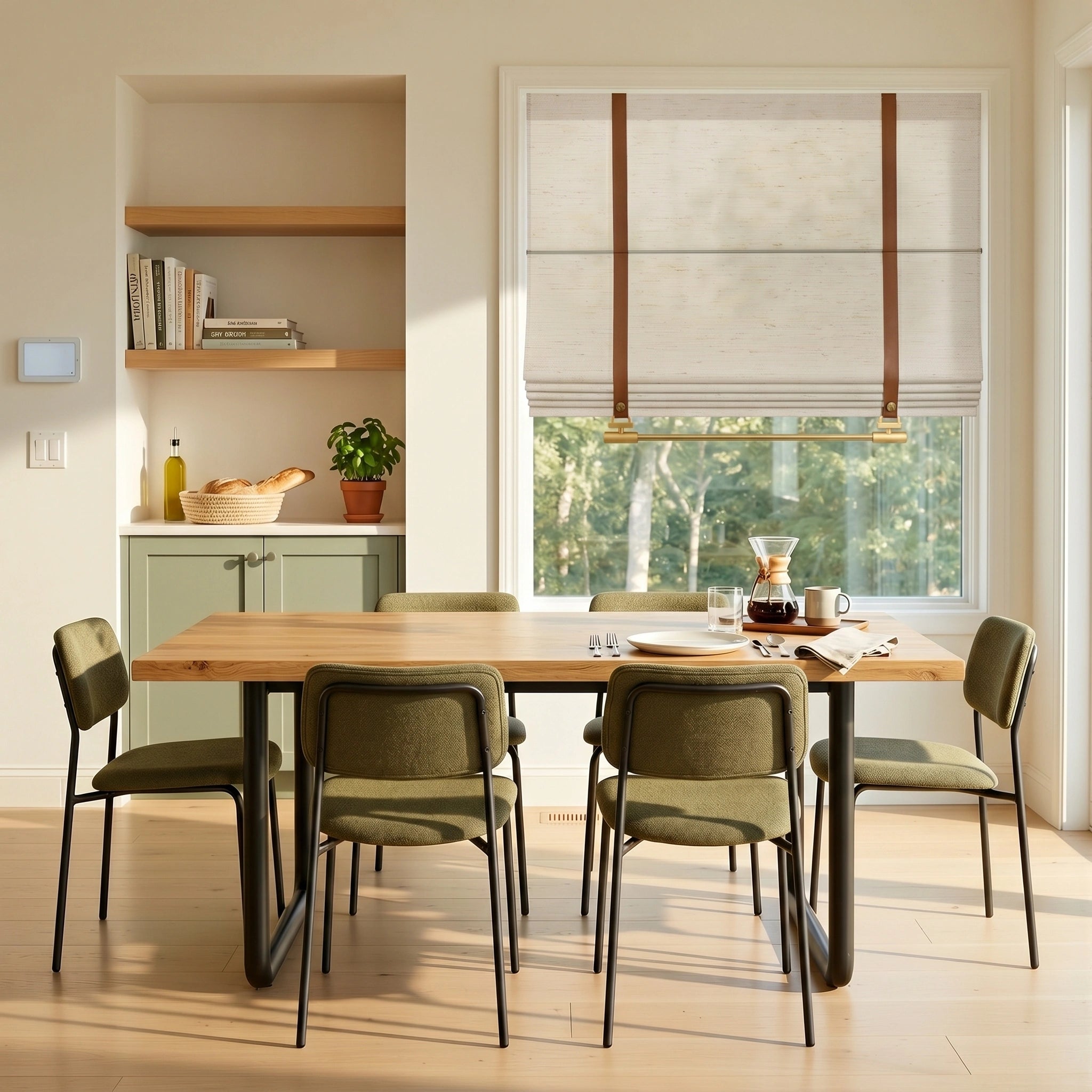 Seraphina custom linen Roman shades by DWCN Official hanging in a window with soft natural light, showcasing elegant, textured fabric.