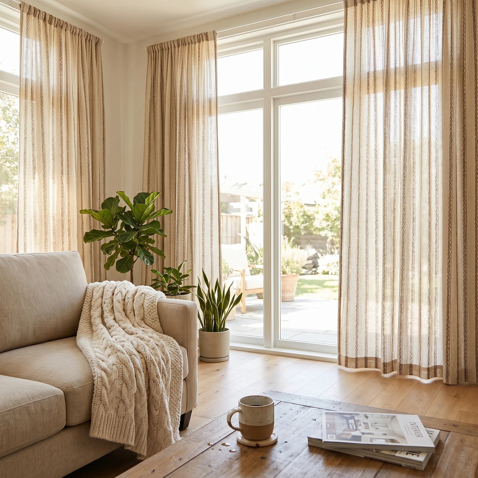 Demeter Aurata patterned linen curtains by DWCN Official hanging in a room, showcasing a vibrant yellow and blue botanical design.