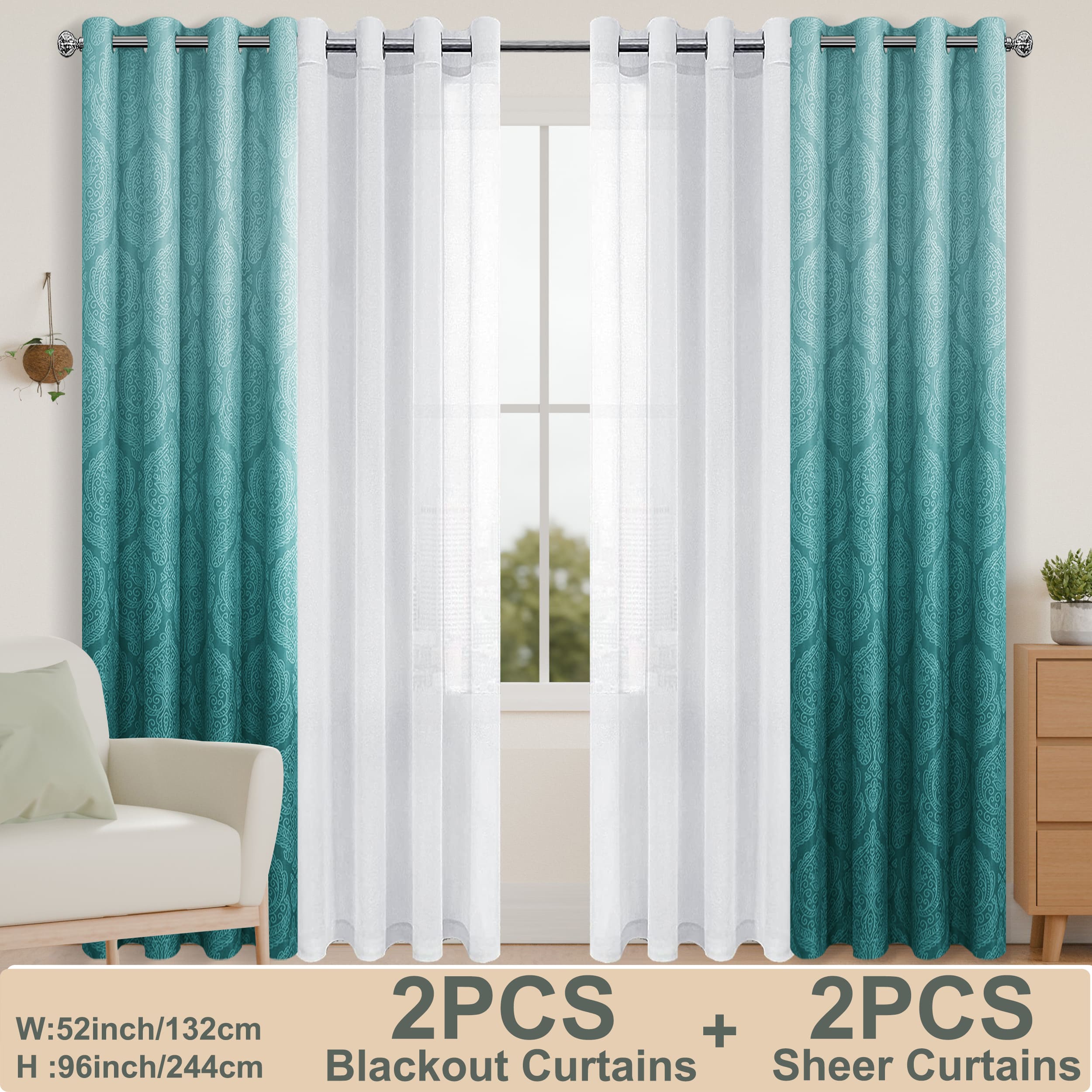 Set of four DWCN official blackout and semi-sheer curtains, featuring ombre blackouts and light-filtering semi-sheer fabric.