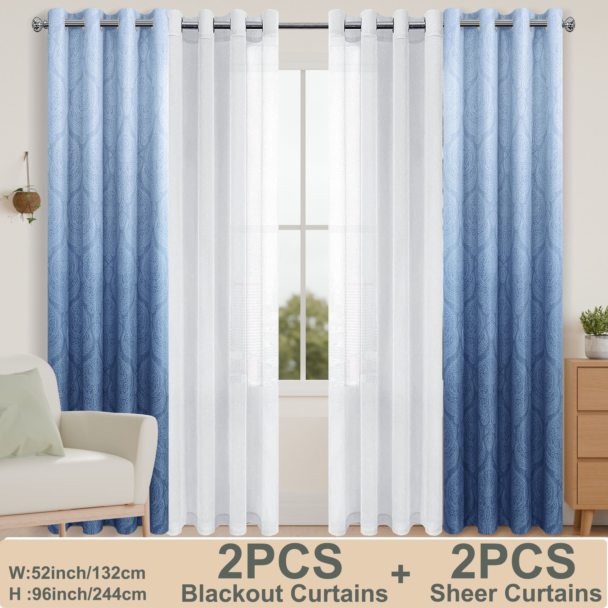 Set of four DWCN Official curtains with two ombre blackout curtains and two semi-sheer curtains hanging in a modern room.