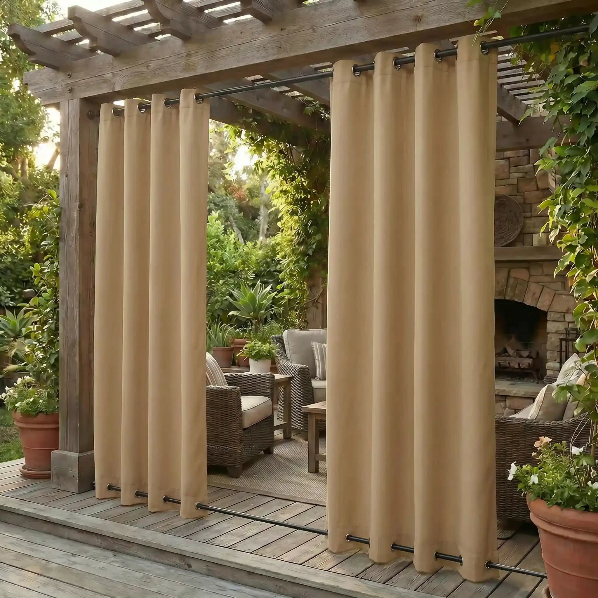 DWCN outdoor curtains with grommet top, windproof and waterproof fabric, ideal for patio or garden outdoor spaces.