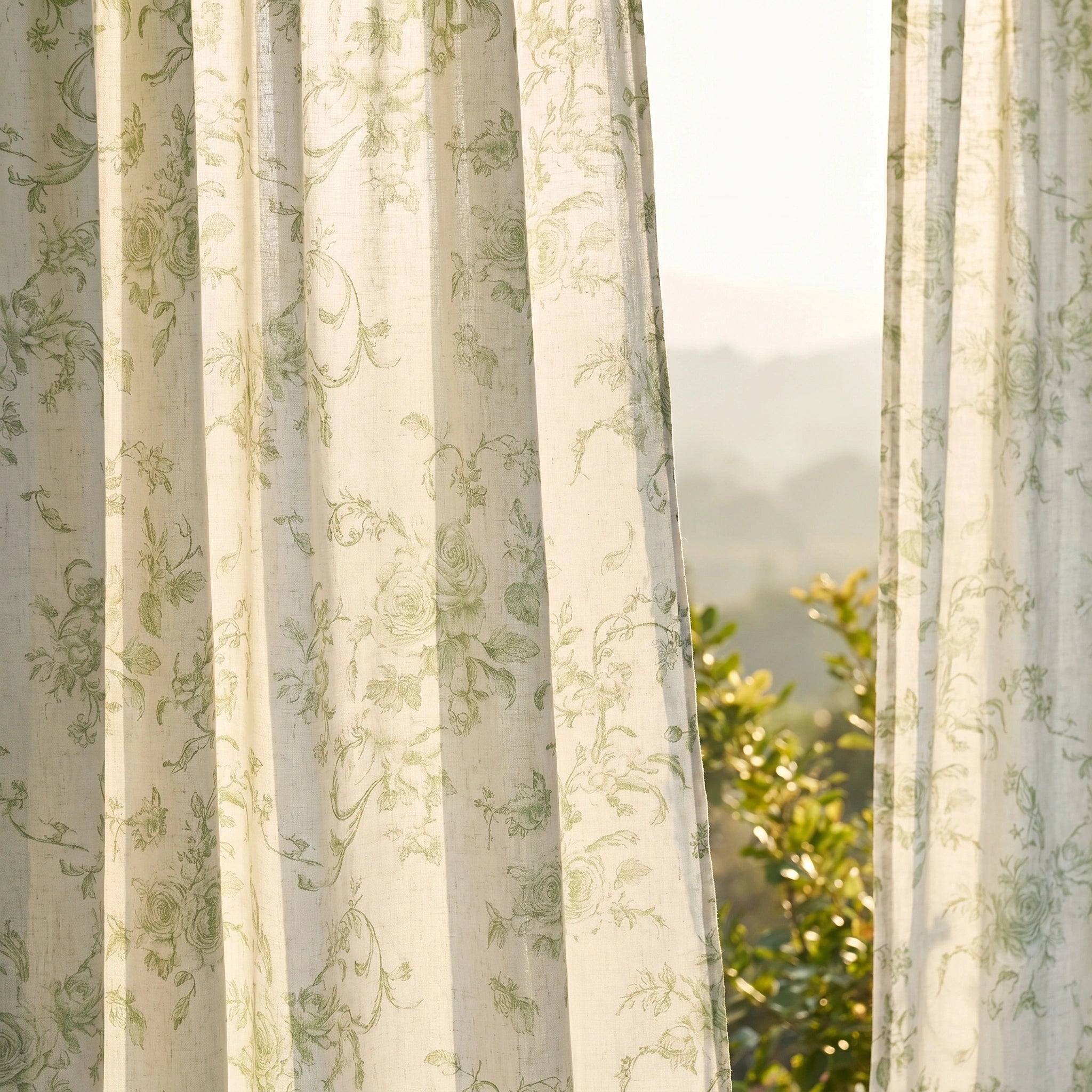 DWCN Official Antheia Millefiori patterned linen curtains hanging in a window with colorful floral designs.