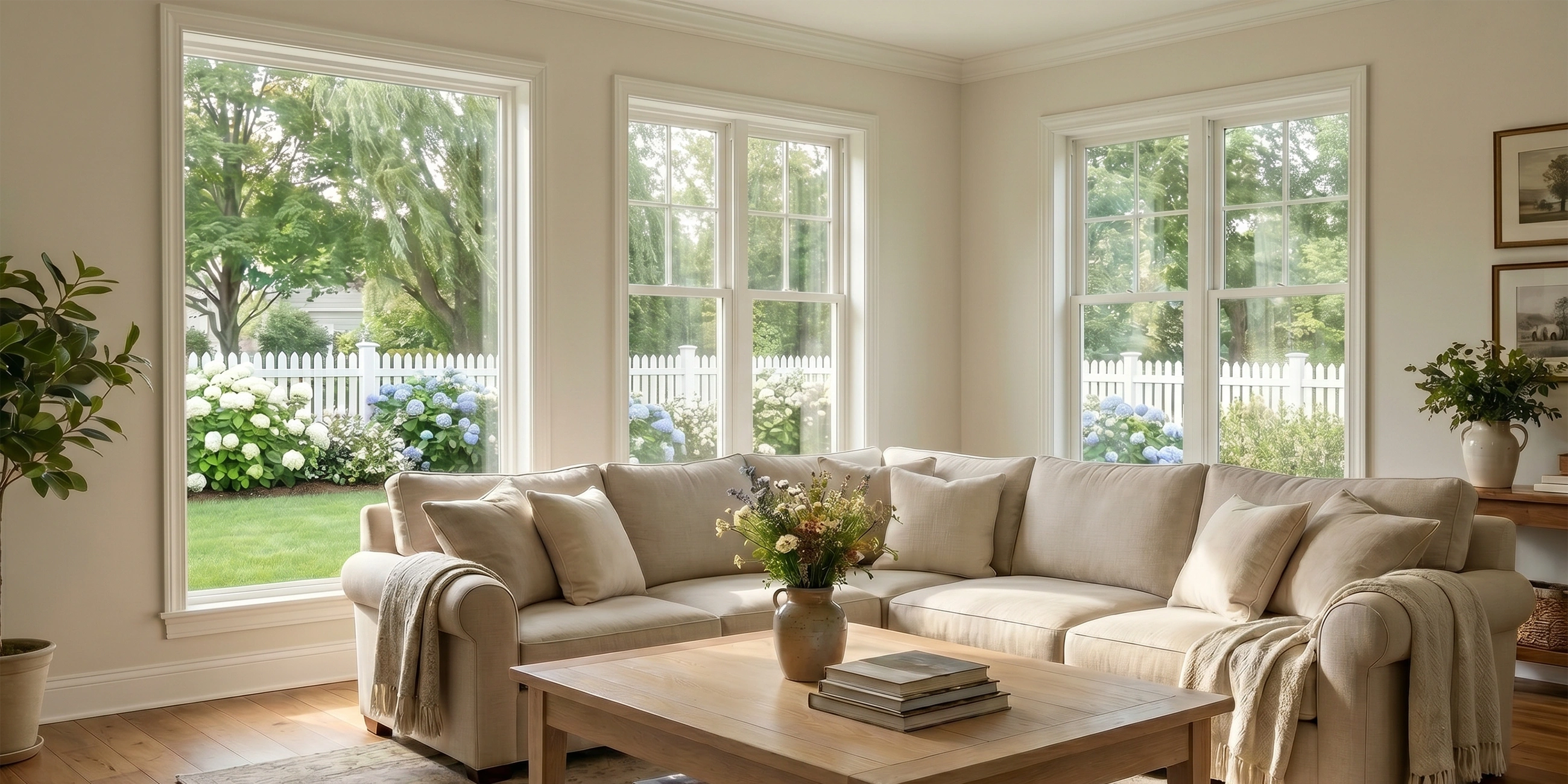 Living room with large windows and garden views, shown as a before styling scene for made to measure curtains and custom drapes.