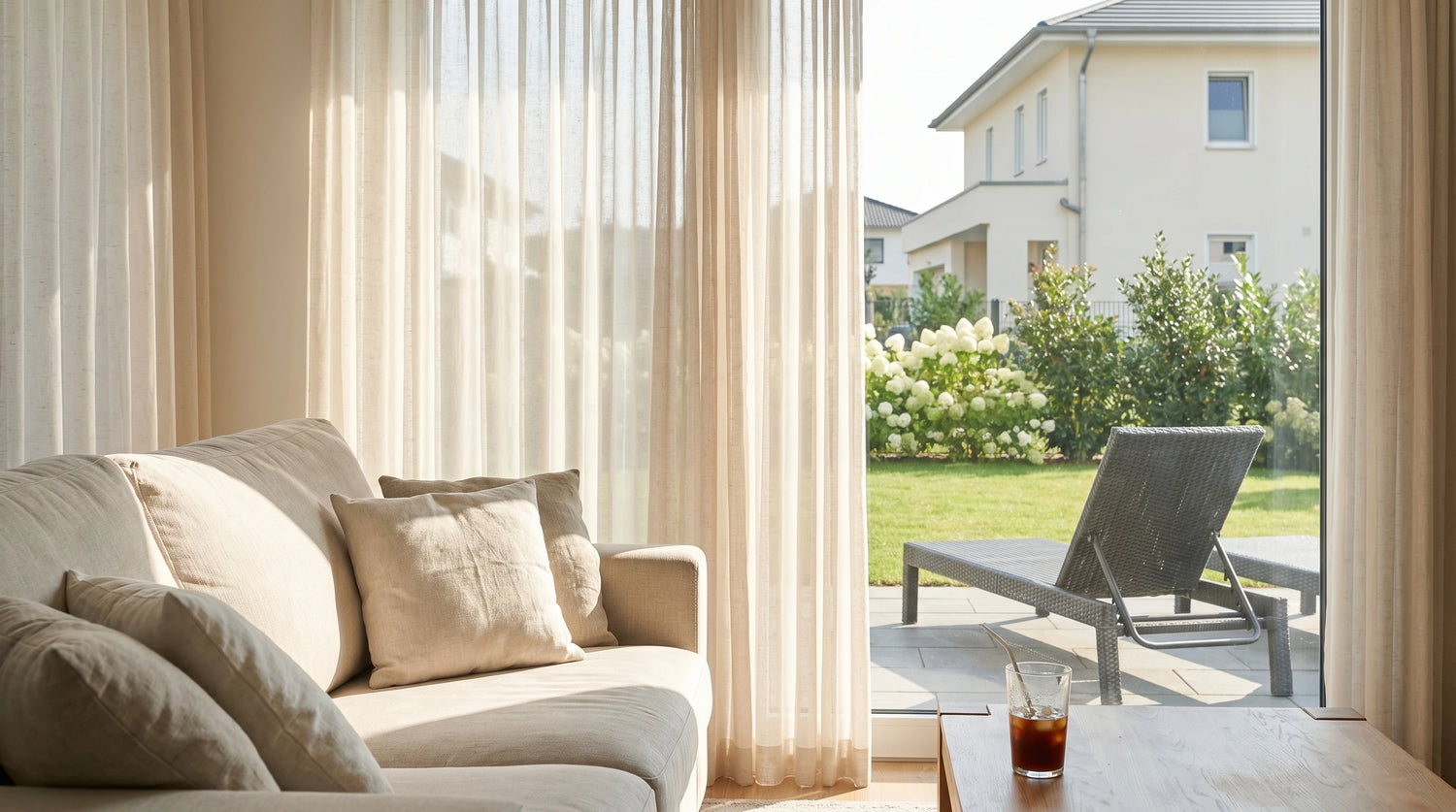 Sheer linen curtains hanging in a bright living room, filtering natural sunlight with a beige sofa and garden patio view for elegant window decor.