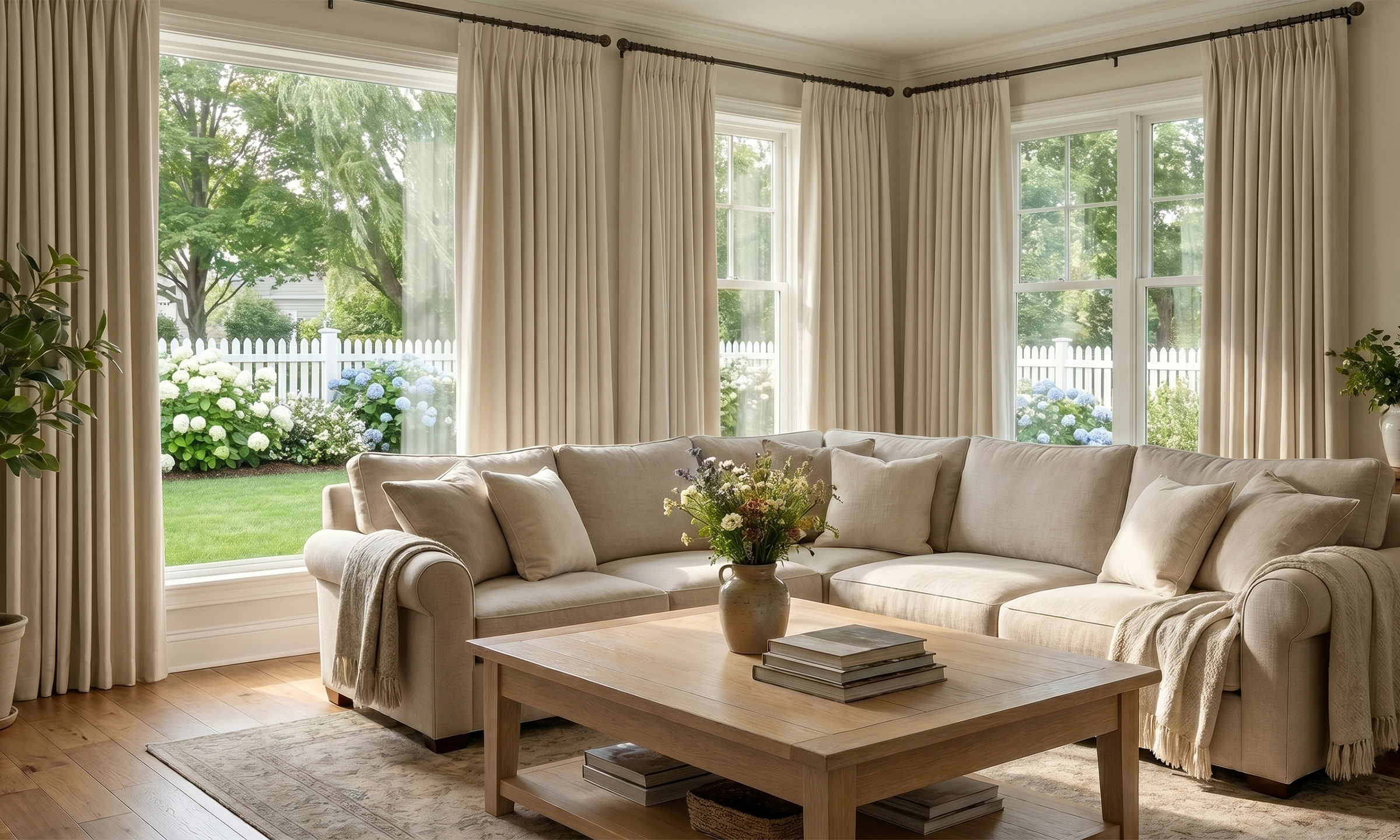 Custom living room curtains in beige fabric, styled with floor to ceiling pleats for large windows, privacy, and soft light control.