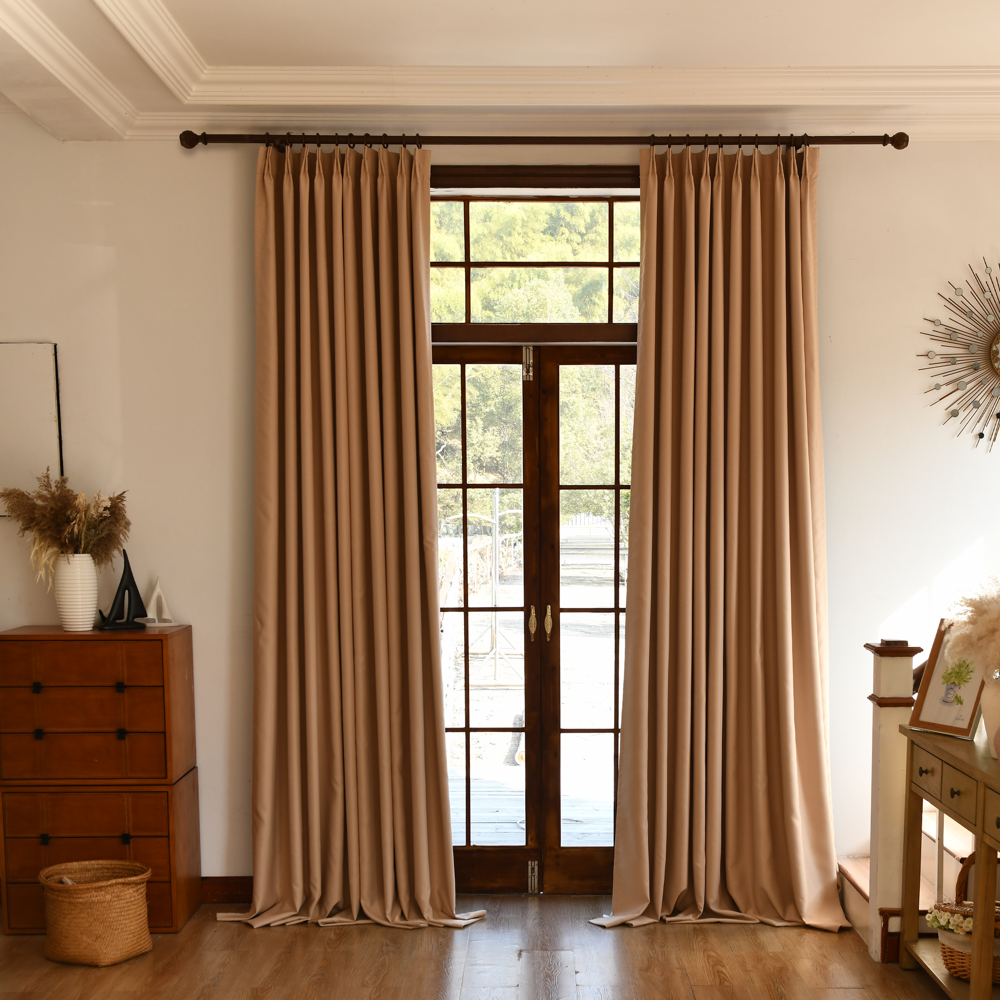 Black silk-fiber blackout curtains from DWCN Official, showcasing their smooth fabric and full coverage for light blocking.