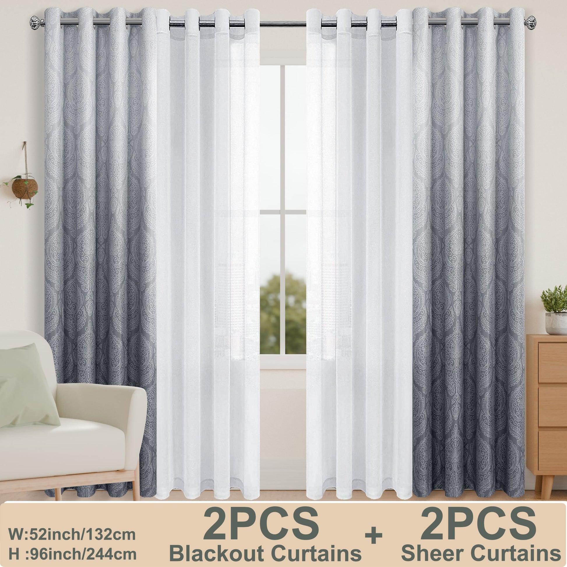 Set of four DWCN official curtains with two black-out ombre curtains and two semi-sheer curtains hanging in a living room.
