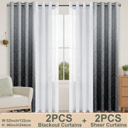 Set of four DWCN official curtains including two ombre blackout curtains and two semi-sheer curtains hanging in a living room.