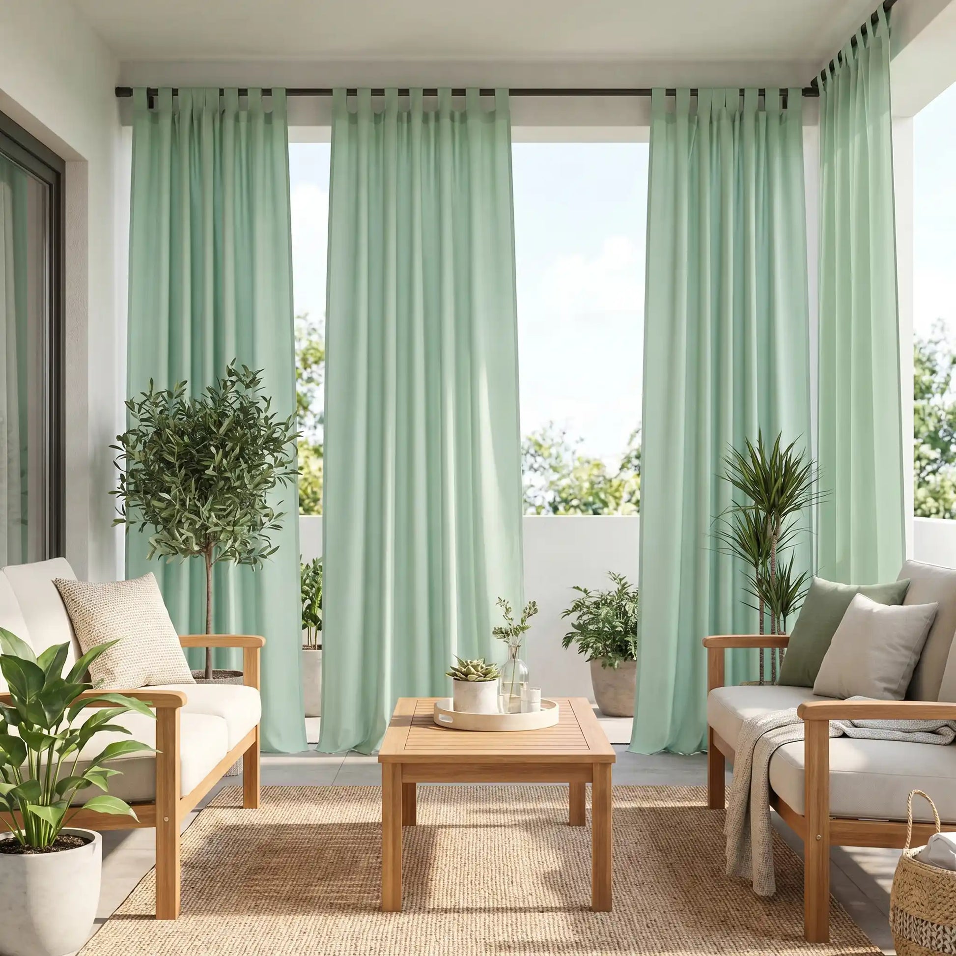 DWCN official outdoor curtain with tab top and ropes, windproof and waterproof fabric for outdoor weather protection.