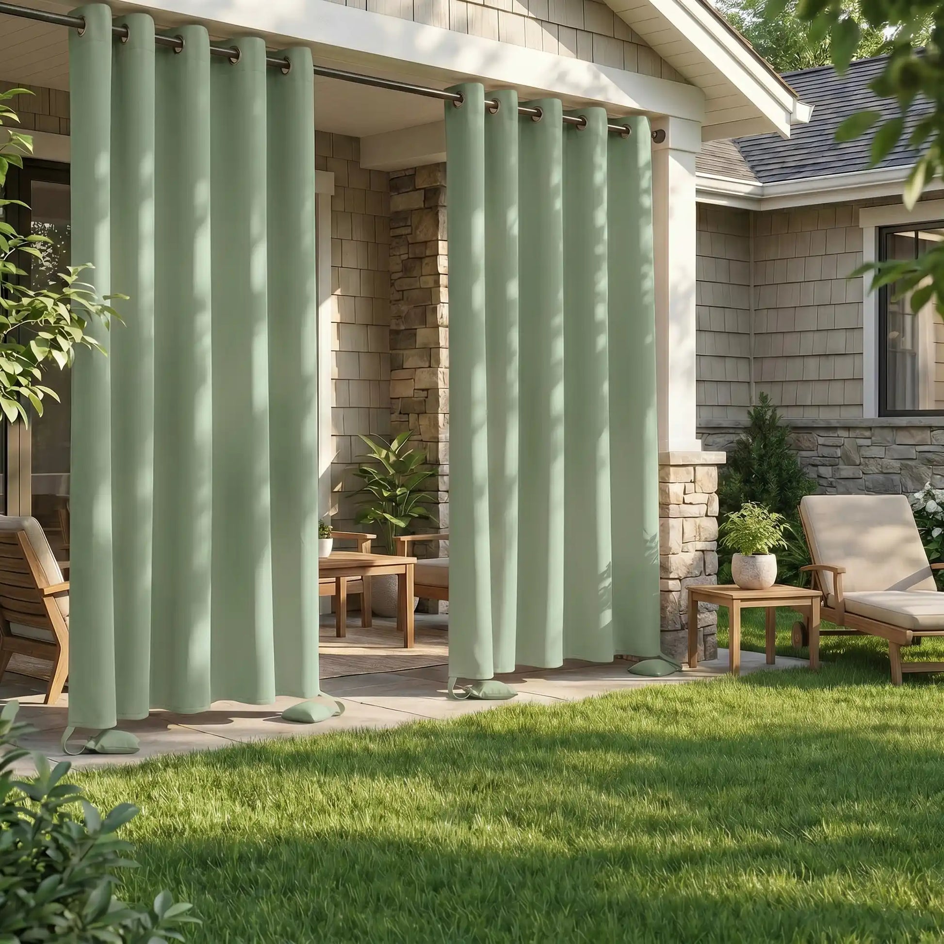 Outdoor curtain with grommet top and weighted bags, windproof and waterproof, by DWCN Official, shown hanging outdoors.