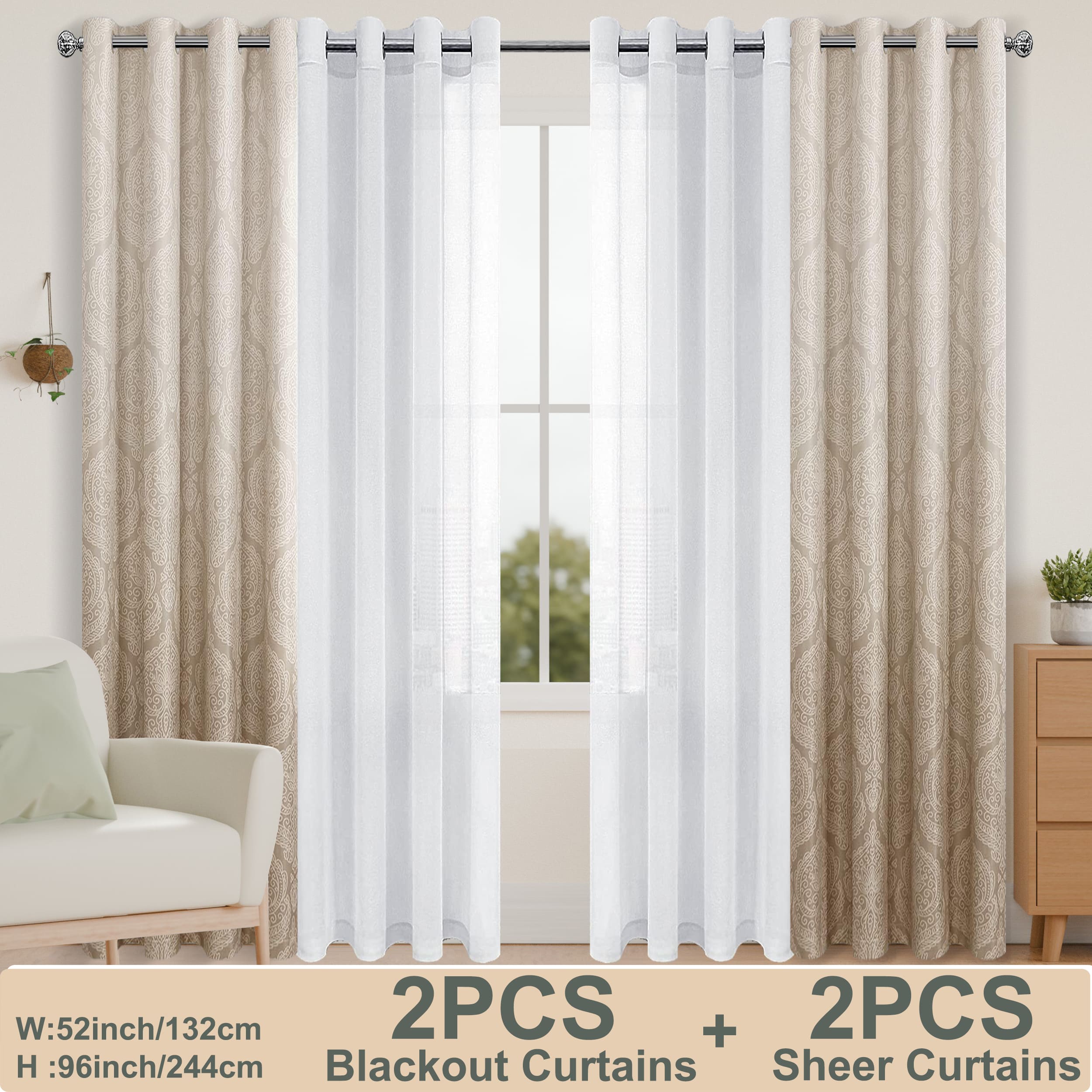 Set of four DWCN official curtains including two ombre blackout curtains and two semi-sheer curtains, hanging on a window.