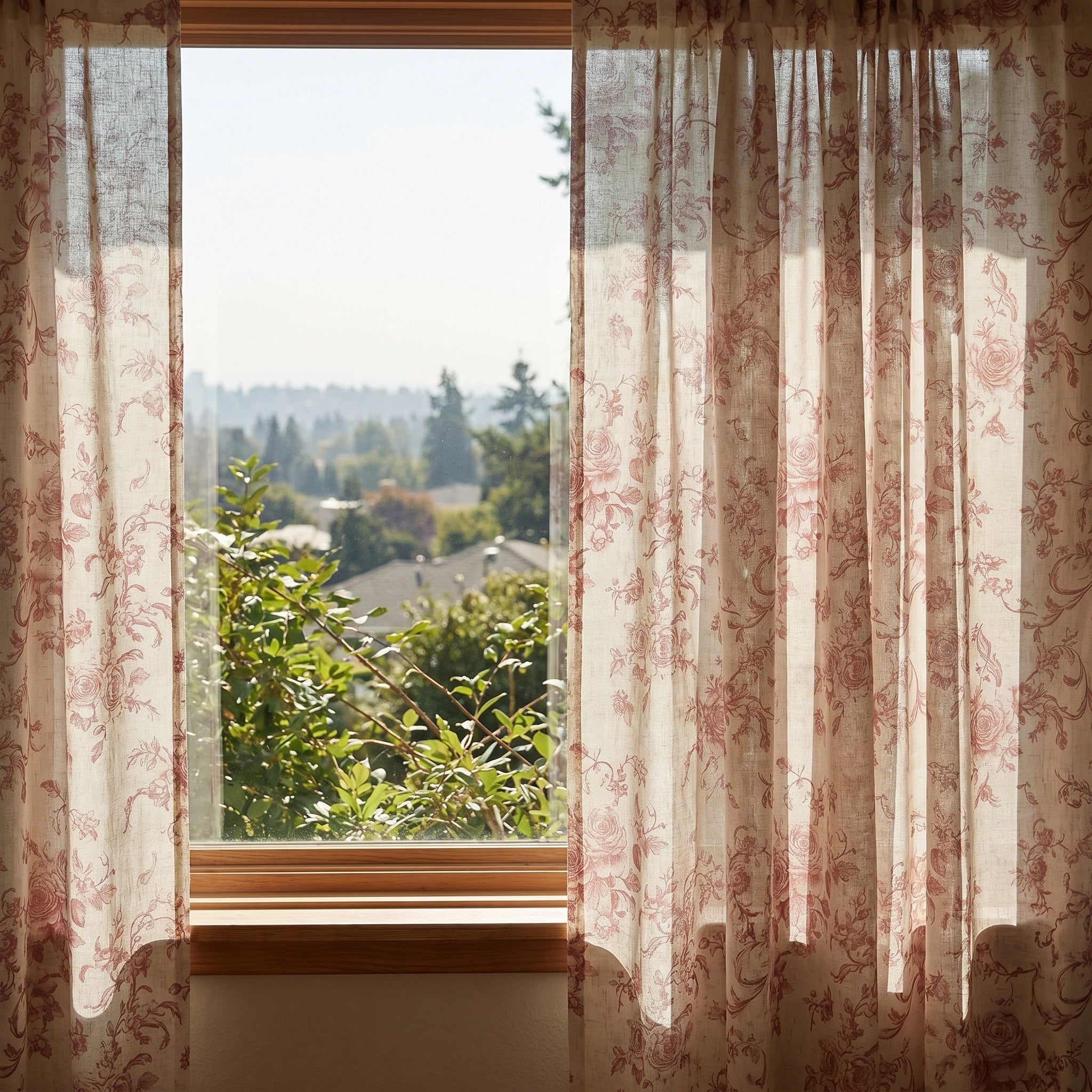 DWCN Official Antheia Millefiori patterned linen curtains with vibrant floral design hanging in a bright room.
