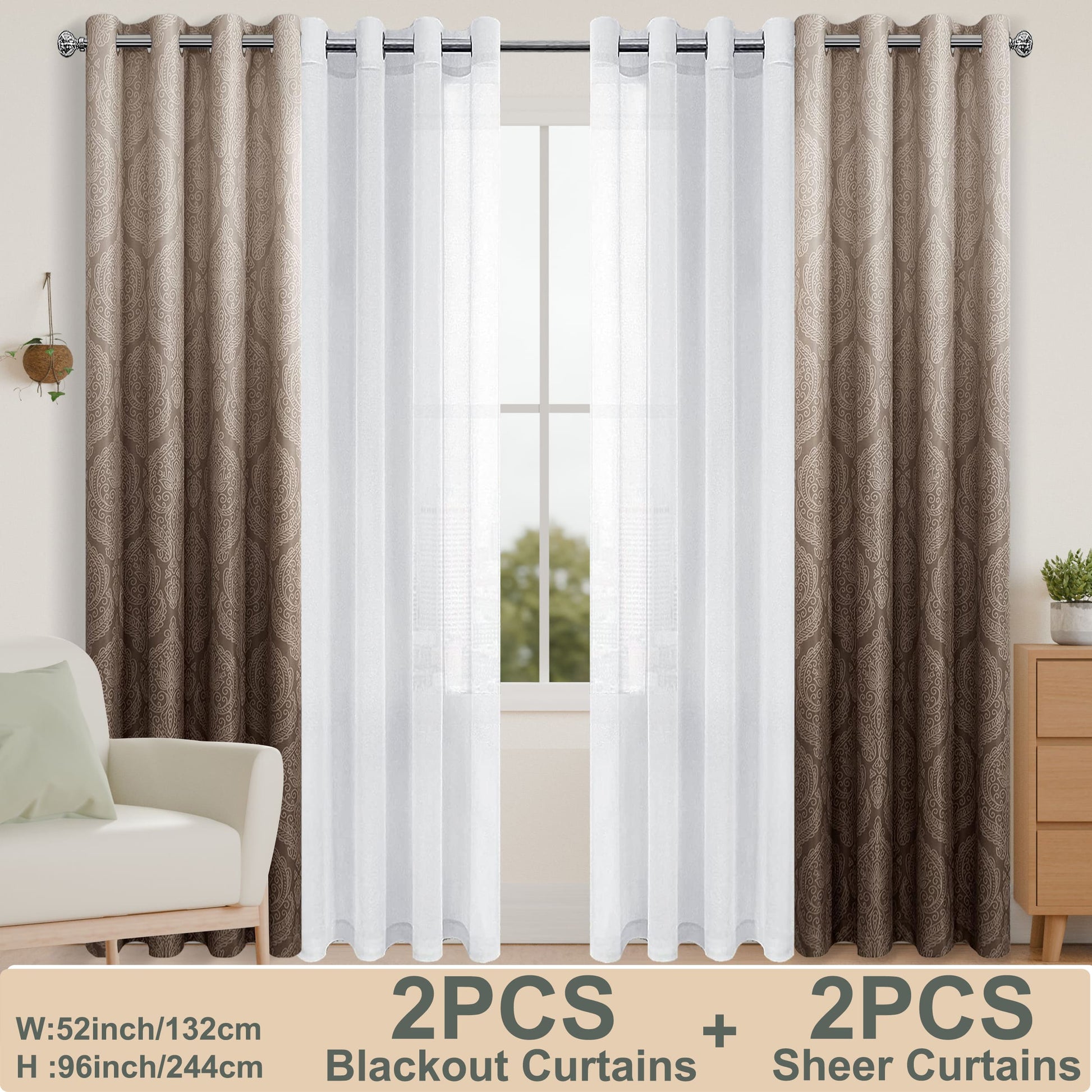 Set of four DWCN Official curtains including two black blackout curtains and two semi-sheer curtains for window privacy and light control.