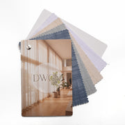 DWCN Official premium linen sheer solid fabric swatch booklet showing sample fabric pages and texture details.