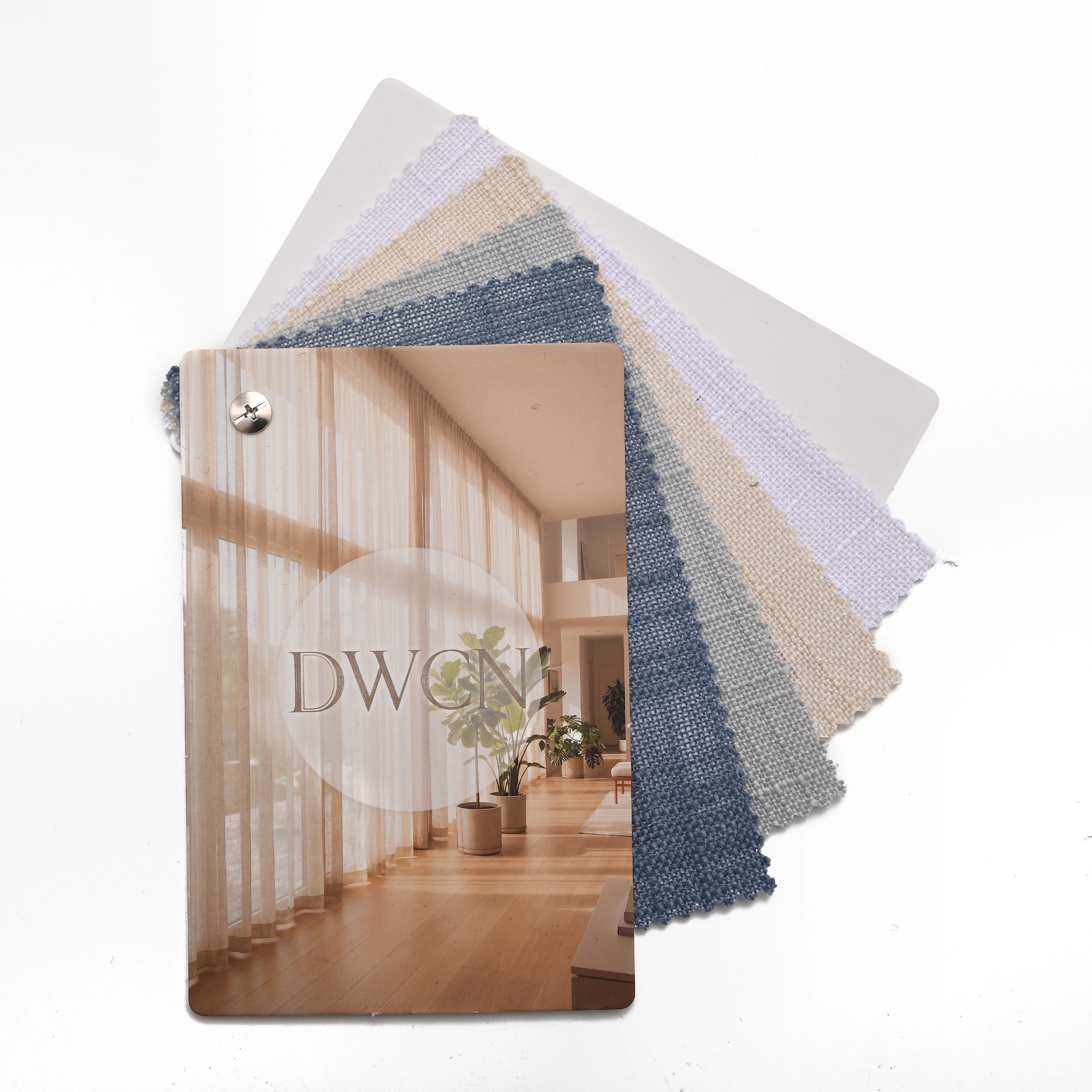 DWCN Official premium linen sheer solid fabric swatch booklet showing sample fabric pages and texture details.