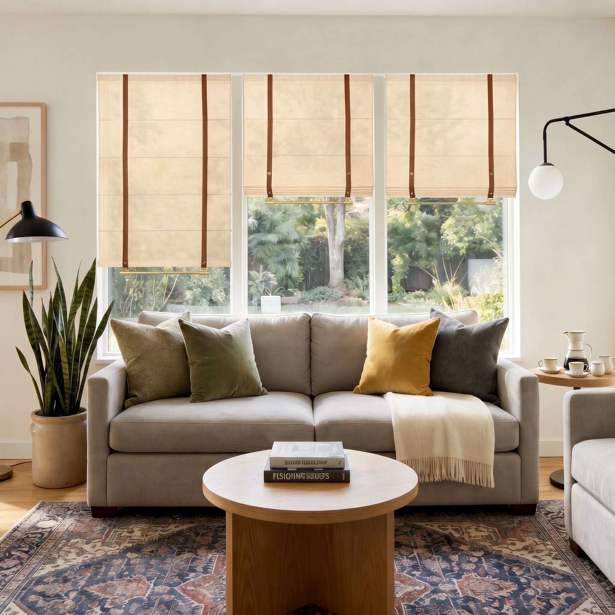 Two linen Roman shades in neutral tones from DWCN Official's Freya Custom Linen collection, featuring elegant, softly pleated fabric.