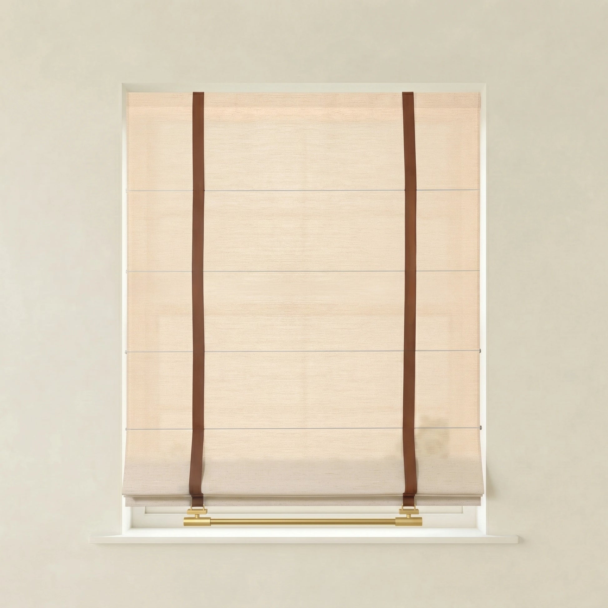 DWCN Official Freya custom linen Roman shades, light beige fabric with elegant fold details and clean window coverage.