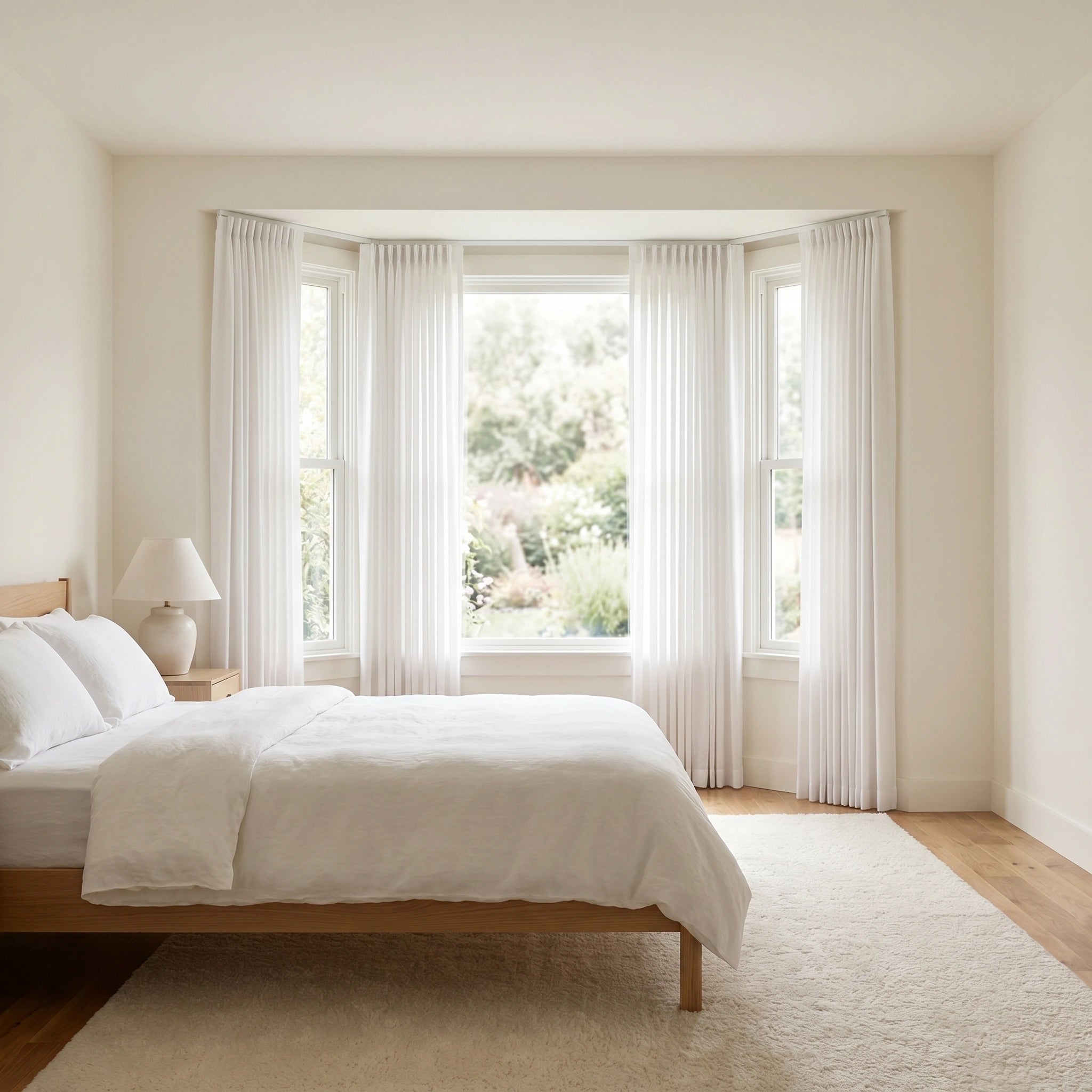DWCN Official Selene Snow Mist linen sheer curtain hanging with soft light streaming through, showcasing lightweight, airy fabric.