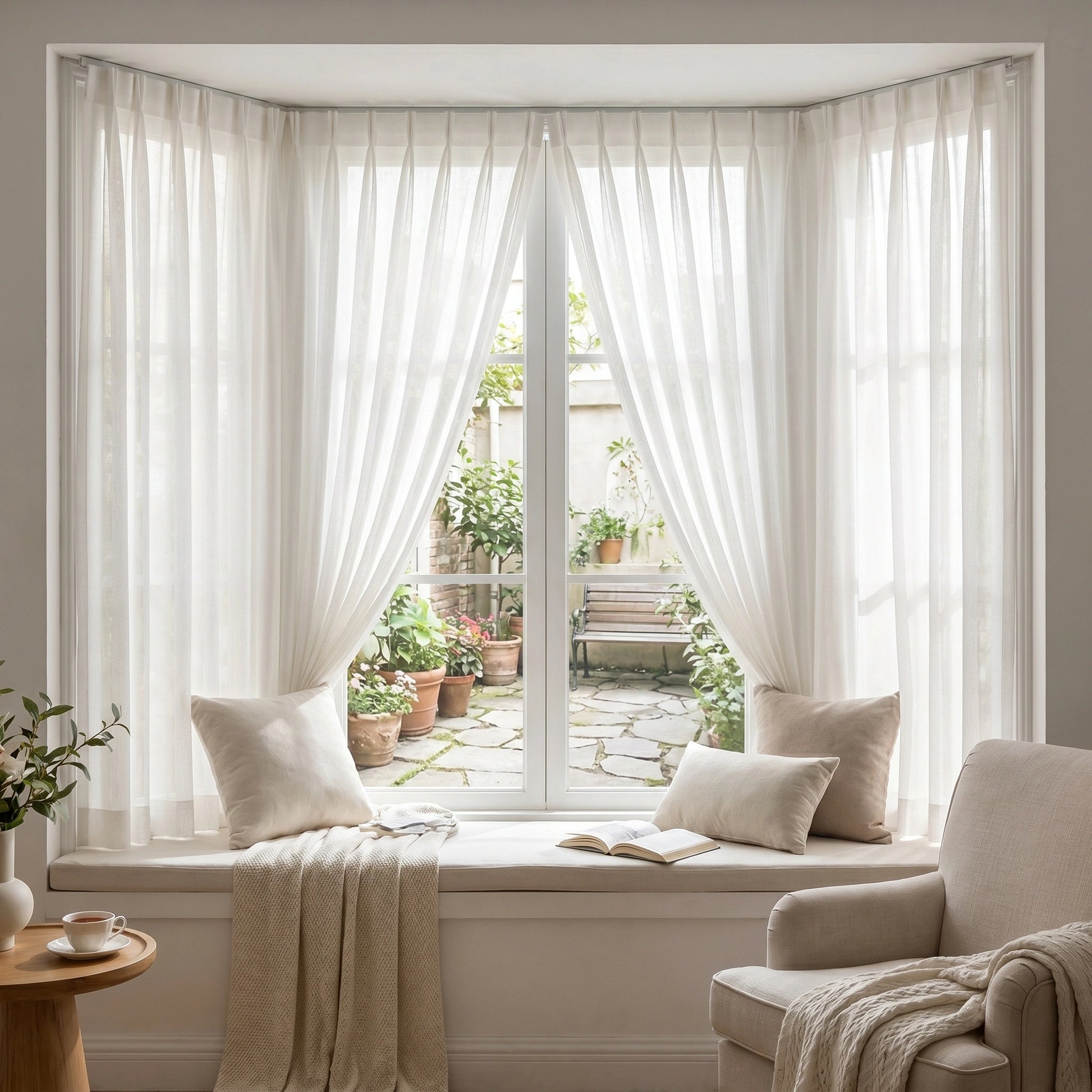 DWCN Official Selene Snow Mist Linen Sheer Curtain hanging in a window, showcasing light, airy fabric with a soft, elegant texture.