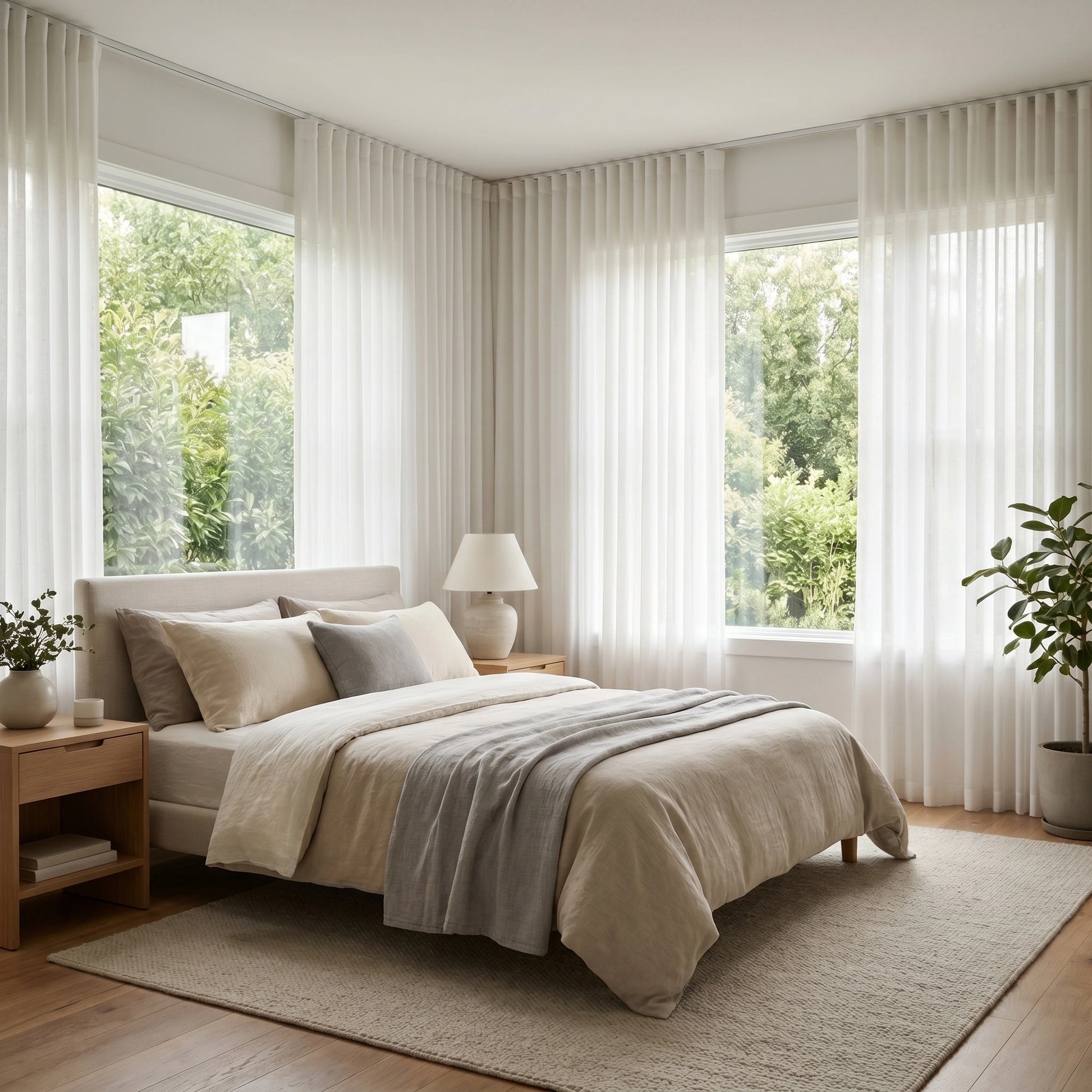 Light beige Selene Snow Mist linen sheer curtain by DWCN Official hanging over a window, showcasing its soft, airy fabric and elegant drape.