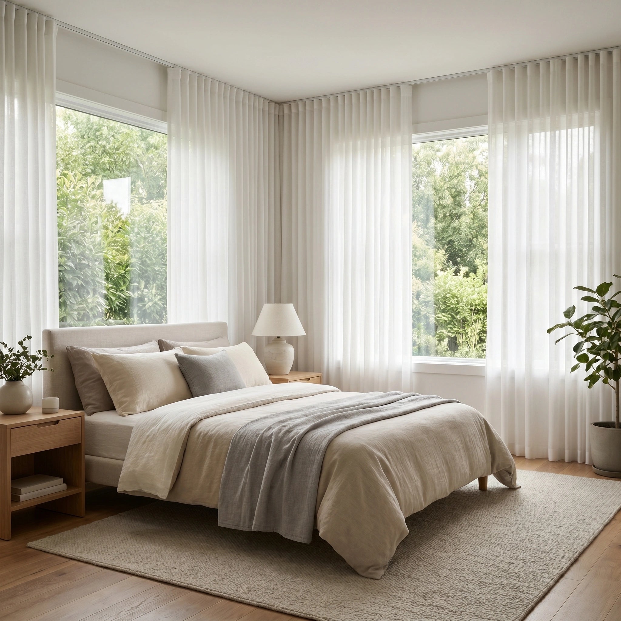 Light beige Selene Snow Mist linen sheer curtain by DWCN Official hanging over a window, showcasing its soft, airy fabric and elegant drape.