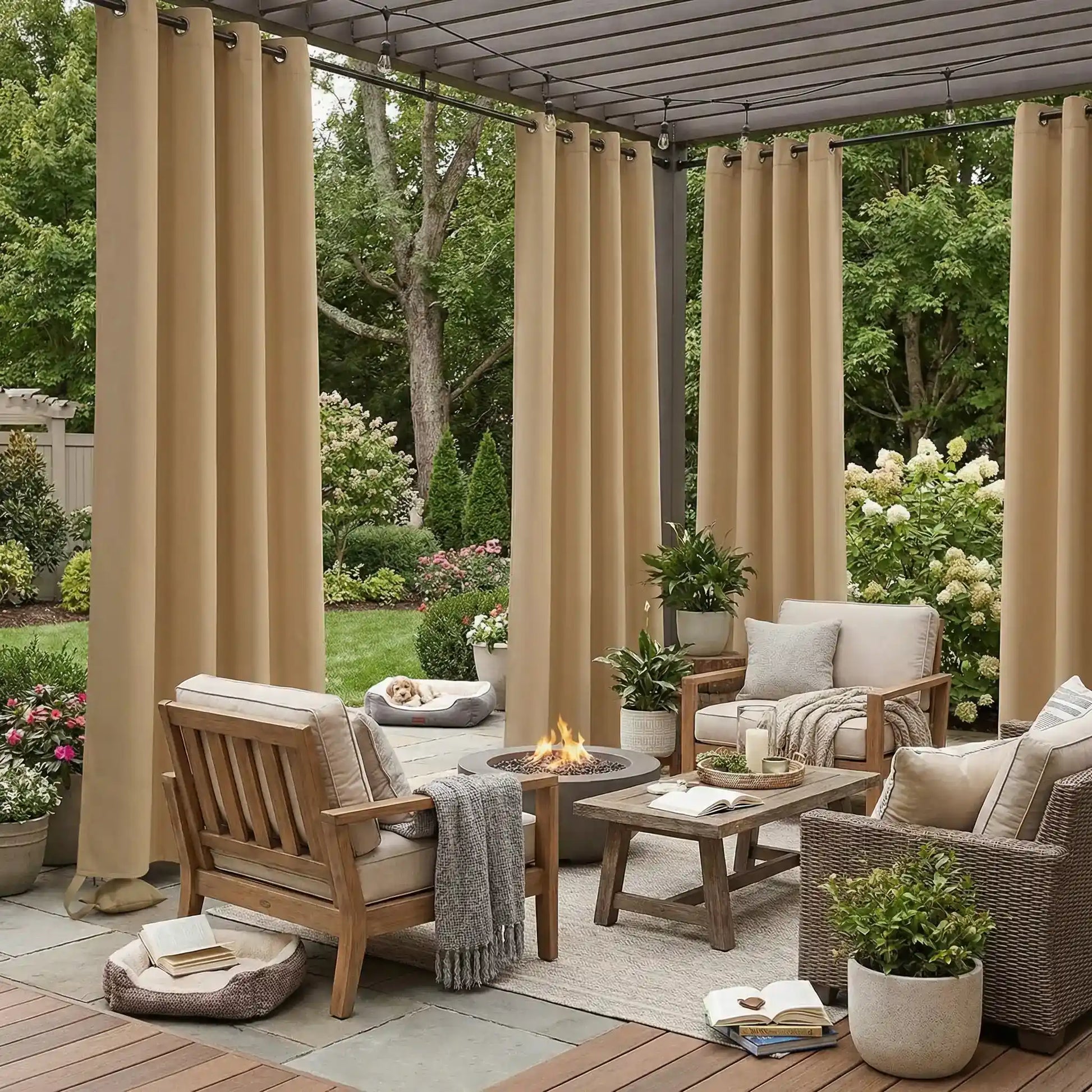Outdoor waterproof Grommet Top curtain with weighted bottom, windproof design, by DWCN Official, suitable for outdoor use.
