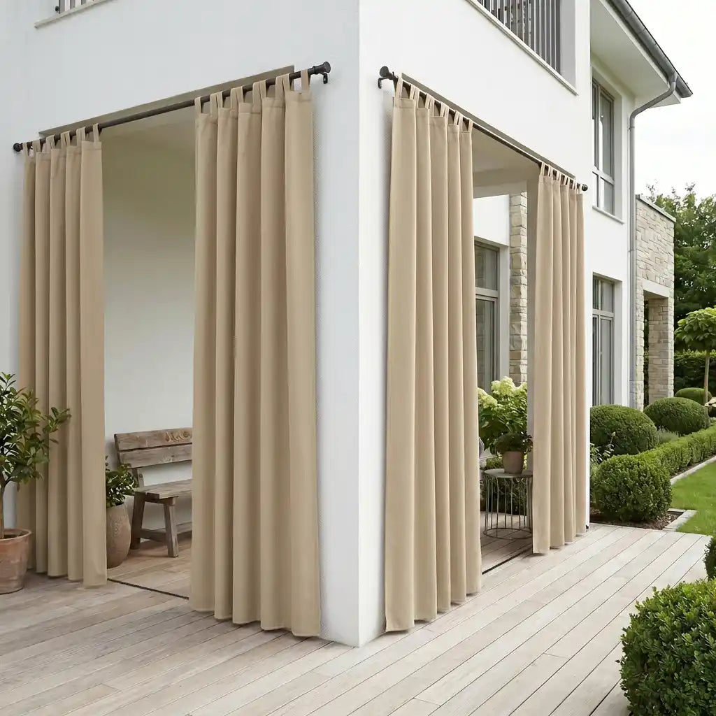 DWCN official outdoor windproof and waterproof curtain with tab top and ropes, suitable for outdoor weather protection.
