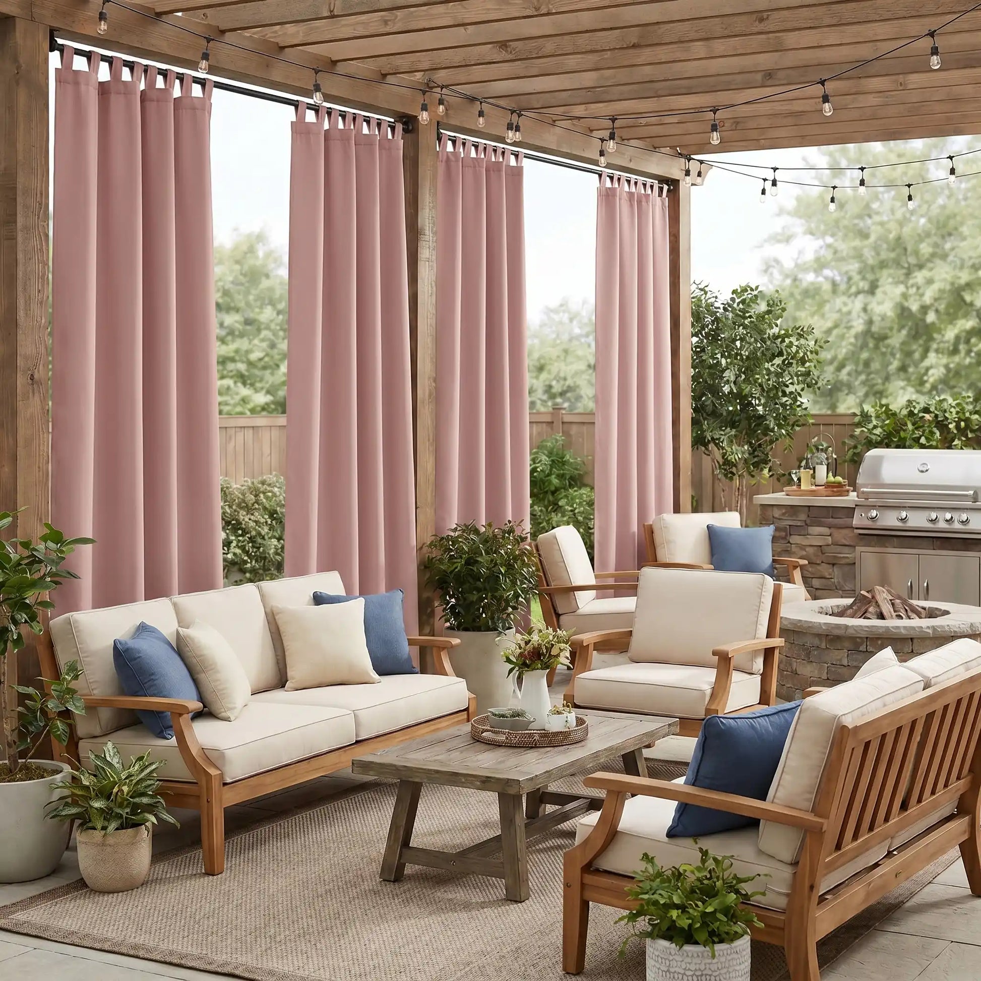DWCN Official waterproof outdoor curtain with tab top design, suitable for patio or garden use, weather-resistant fabric.