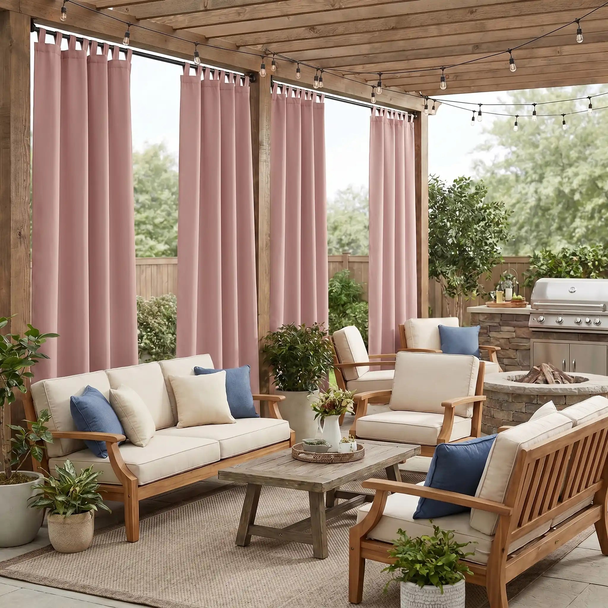 DWCN Official waterproof outdoor curtain with tab top design, suitable for patio or garden use, weather-resistant fabric.