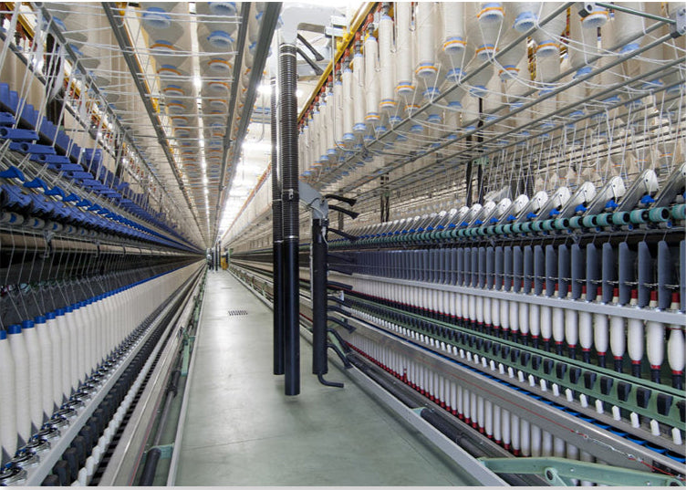 DWCN home curtain fabric production line with textile spinning machines, yarn spools, and modern manufacturing equipment in a professional factory