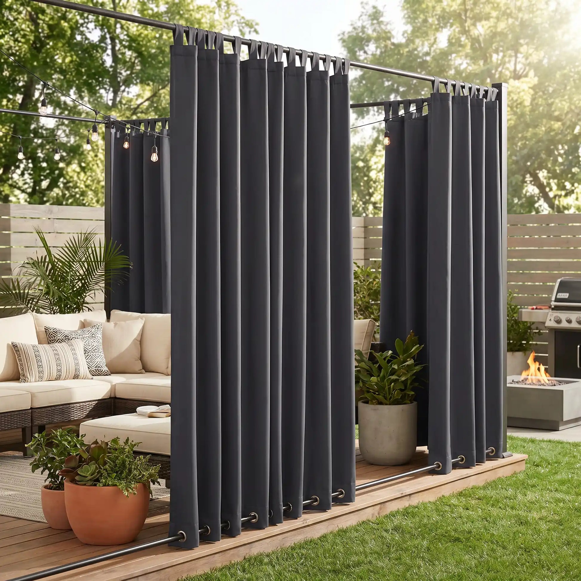 DWCN outdoor curtains with tab top and grommet bottom, windproof and waterproof for outdoor patio or garden use.
