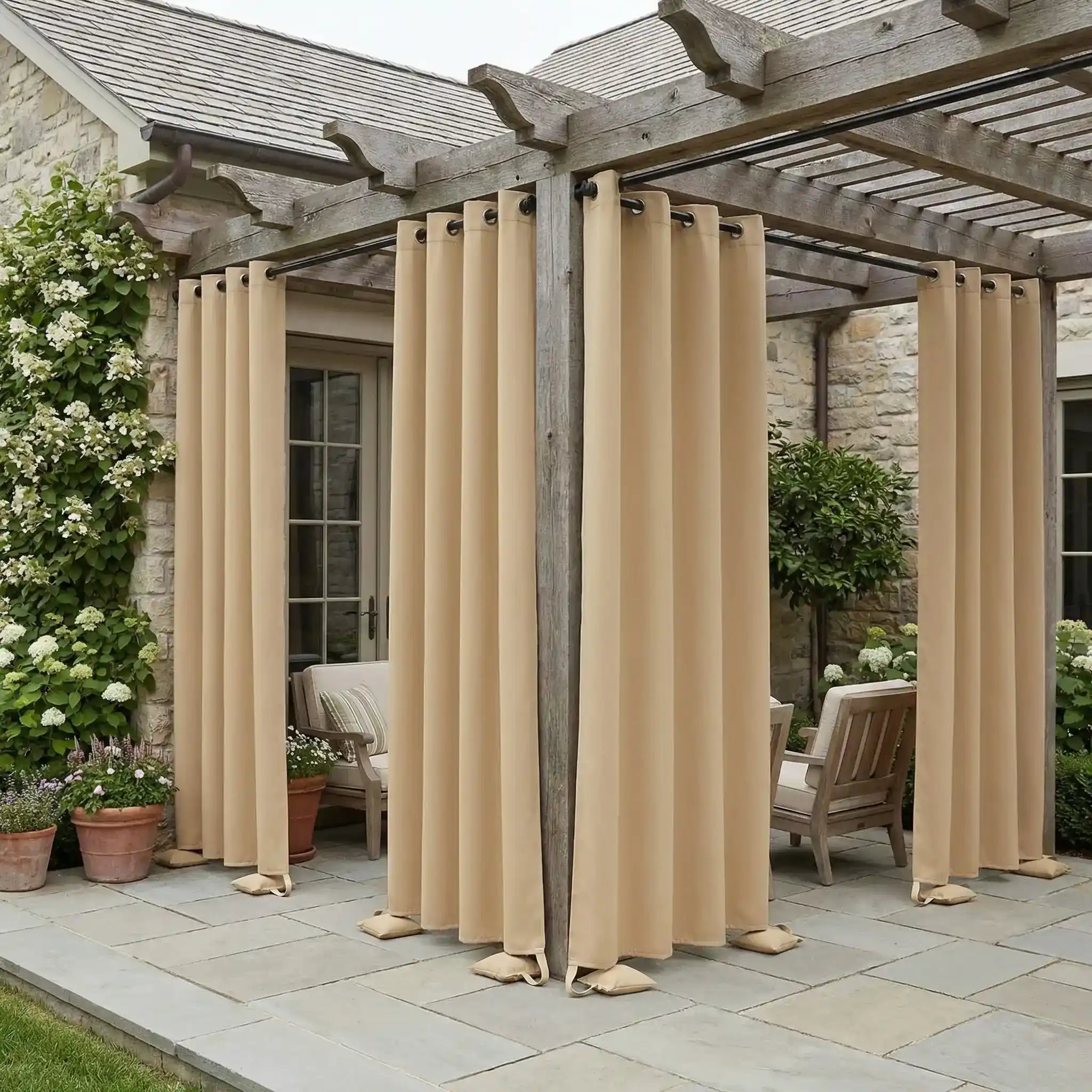 DWCN official outdoor curtain with grommet top and weighted bags, windproof and waterproof for patio or balcony protection.