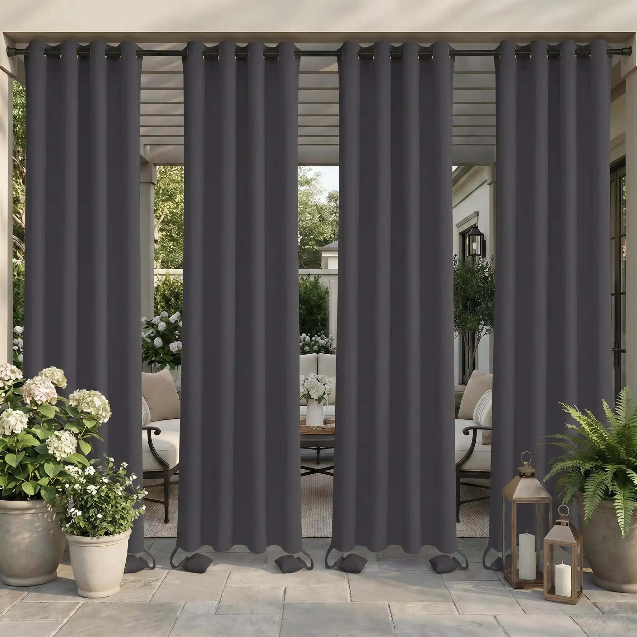 DWCN Official outdoor curtain with grommet top and weighted bags, windproof and waterproof for outdoor privacy and weather resistance.