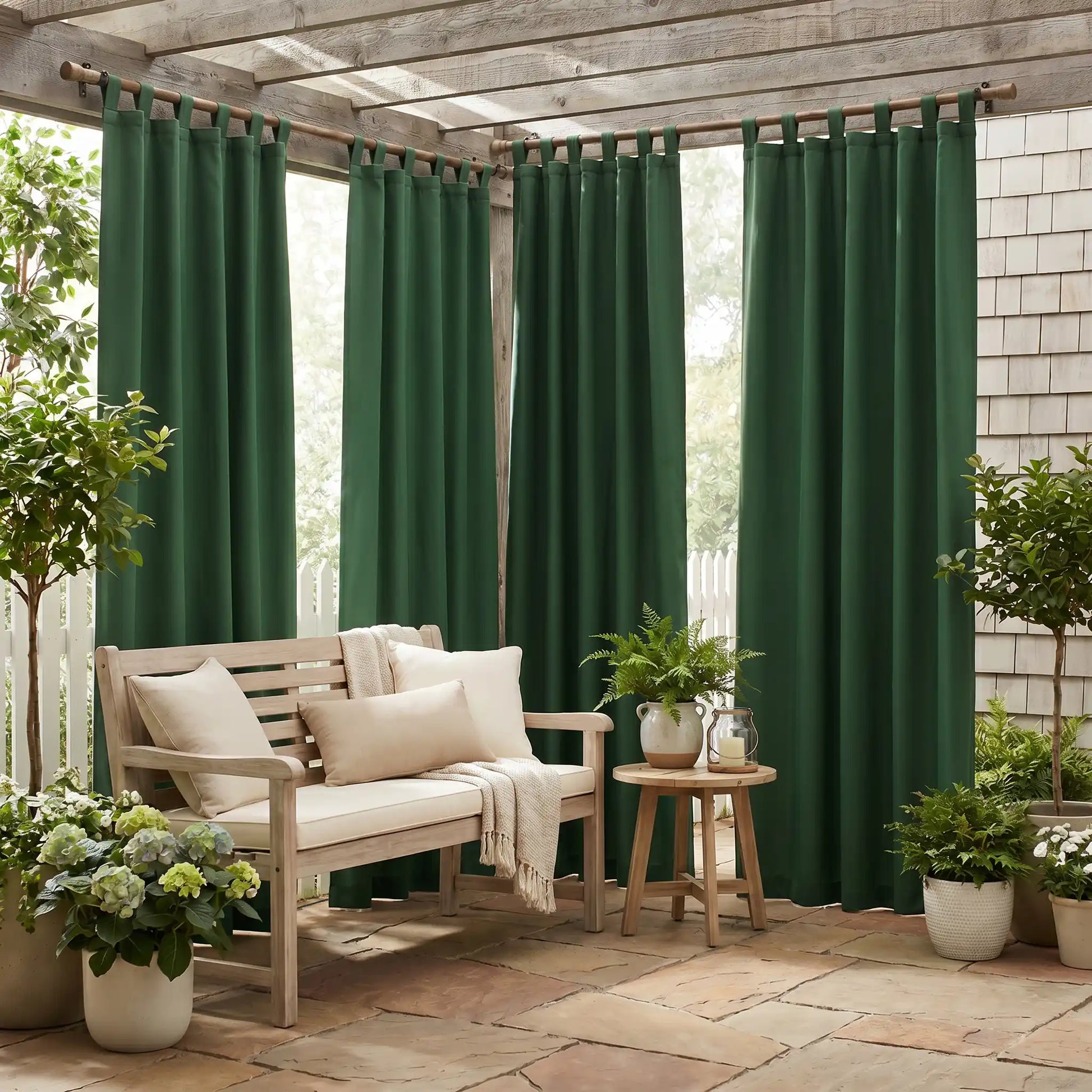 DWCN Official outdoor curtain with tab top and ropes, windproof and waterproof fabric ideal for outdoor patio or garden use.