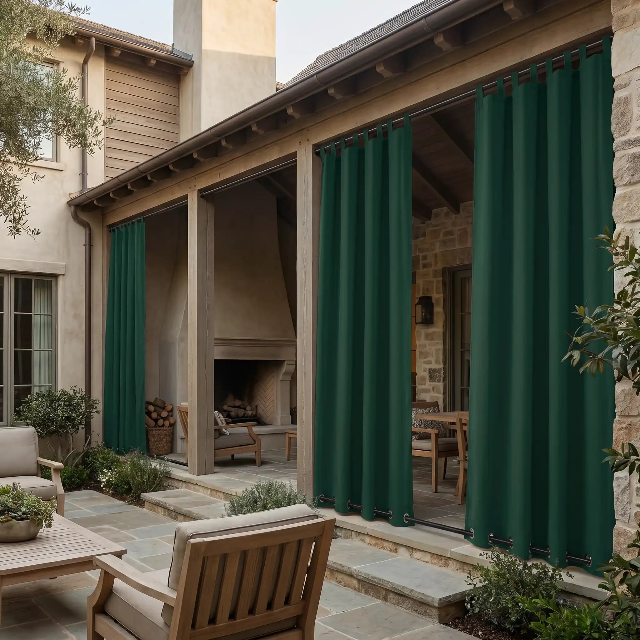 DWCN official outdoor curtains with tab top and grommet bottom, windproof and waterproof fabric for outdoor privacy and weather protection.